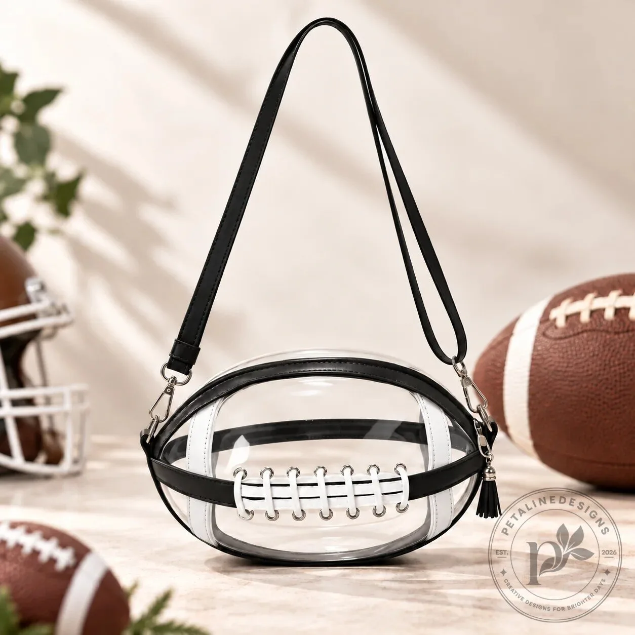 Football Shaped Clear Stadium Approved Crossbody Bag with Tassel 19 Football Shaped Clear Stadium Approved Crossbody Bag with Tassel