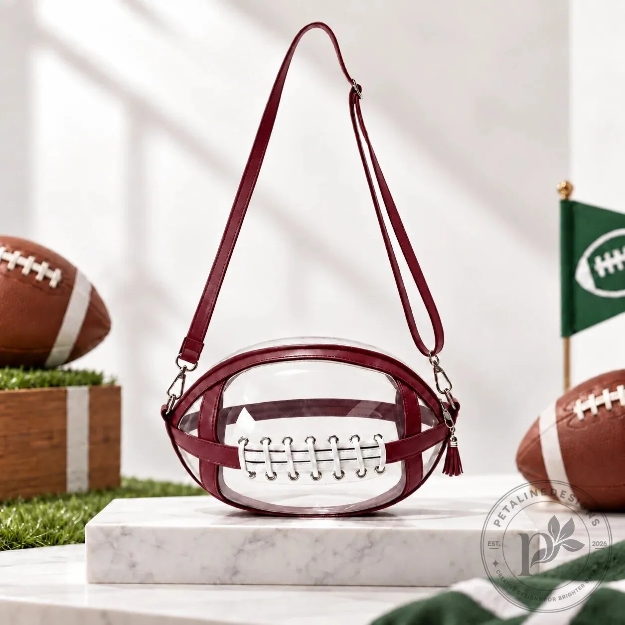 Football Shaped Clear Stadium Approved Crossbody Bag with Tassel 20 Football Shaped Clear Stadium Approved Crossbody Bag with Tassel