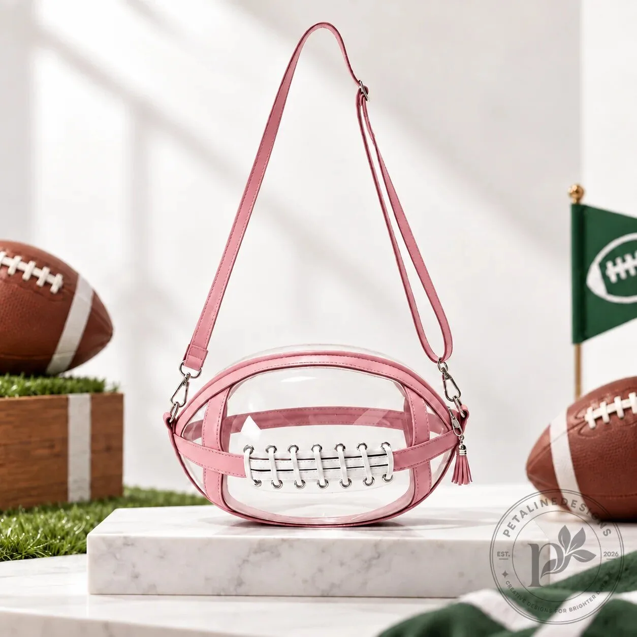 Football Shaped Clear Stadium Approved Crossbody Bag with Tassel 21 Football Shaped Clear Stadium Approved Crossbody Bag with Tassel
