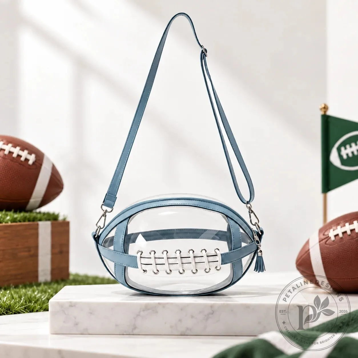 Football Shaped Clear Stadium Approved Crossbody Bag with Tassel 22 Football Shaped Clear Stadium Approved Crossbody Bag with Tassel