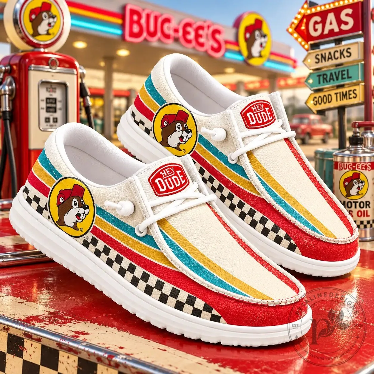 Buc-ee's Retro Rainbow Raceway Checkered Flag Hey Dude Shoes