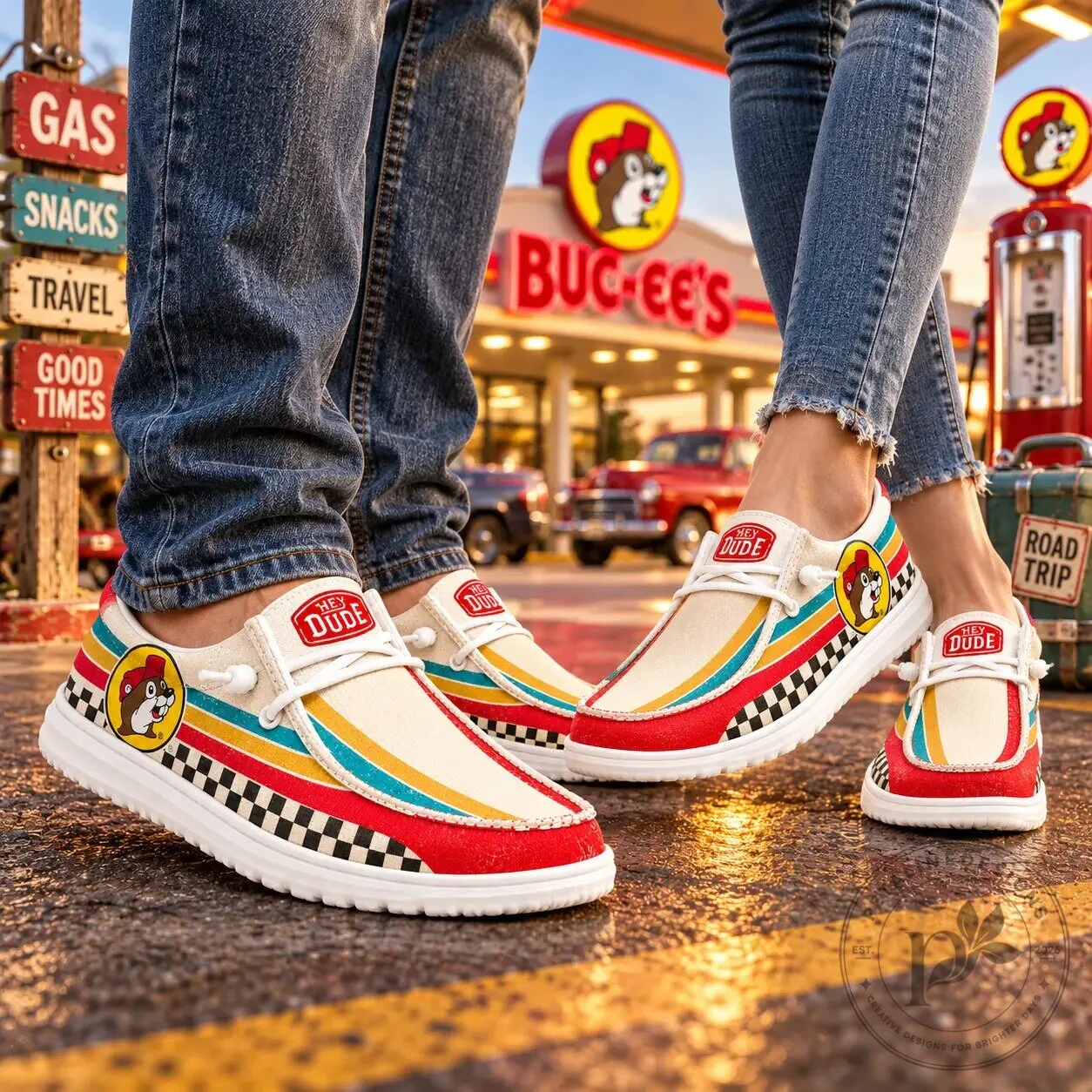 Buc-ee's Retro Rainbow Raceway Checkered Flag Hey Dude Shoes 7 Buc-ee
