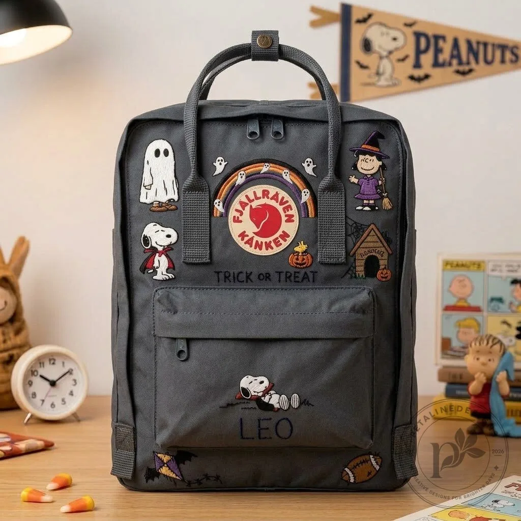 Embroidered Fjallraven Kanken Backpack featuring Snoopy Halloween Trick or Treat design