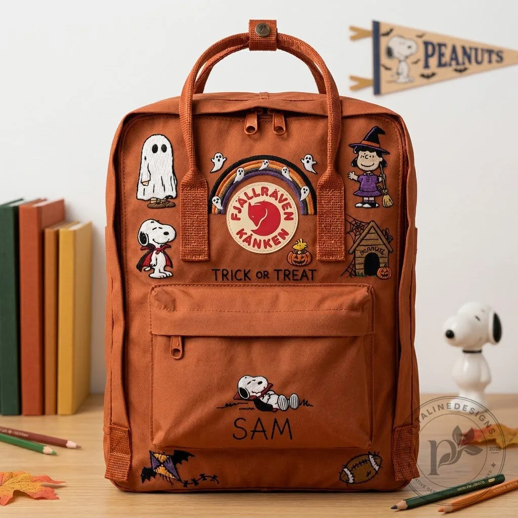 Embroidered Fjallraven Kanken Backpack featuring Snoopy Halloween Trick or Treat design 10 Embroidered Fjallraven Kanken Backpack featuring Snoopy Halloween Trick or Treat design