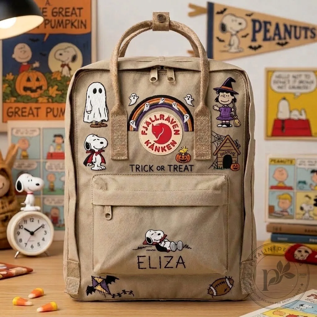 Embroidered Fjallraven Kanken Backpack featuring Snoopy Halloween Trick or Treat design 11 Embroidered Fjallraven Kanken Backpack featuring Snoopy Halloween Trick or Treat design