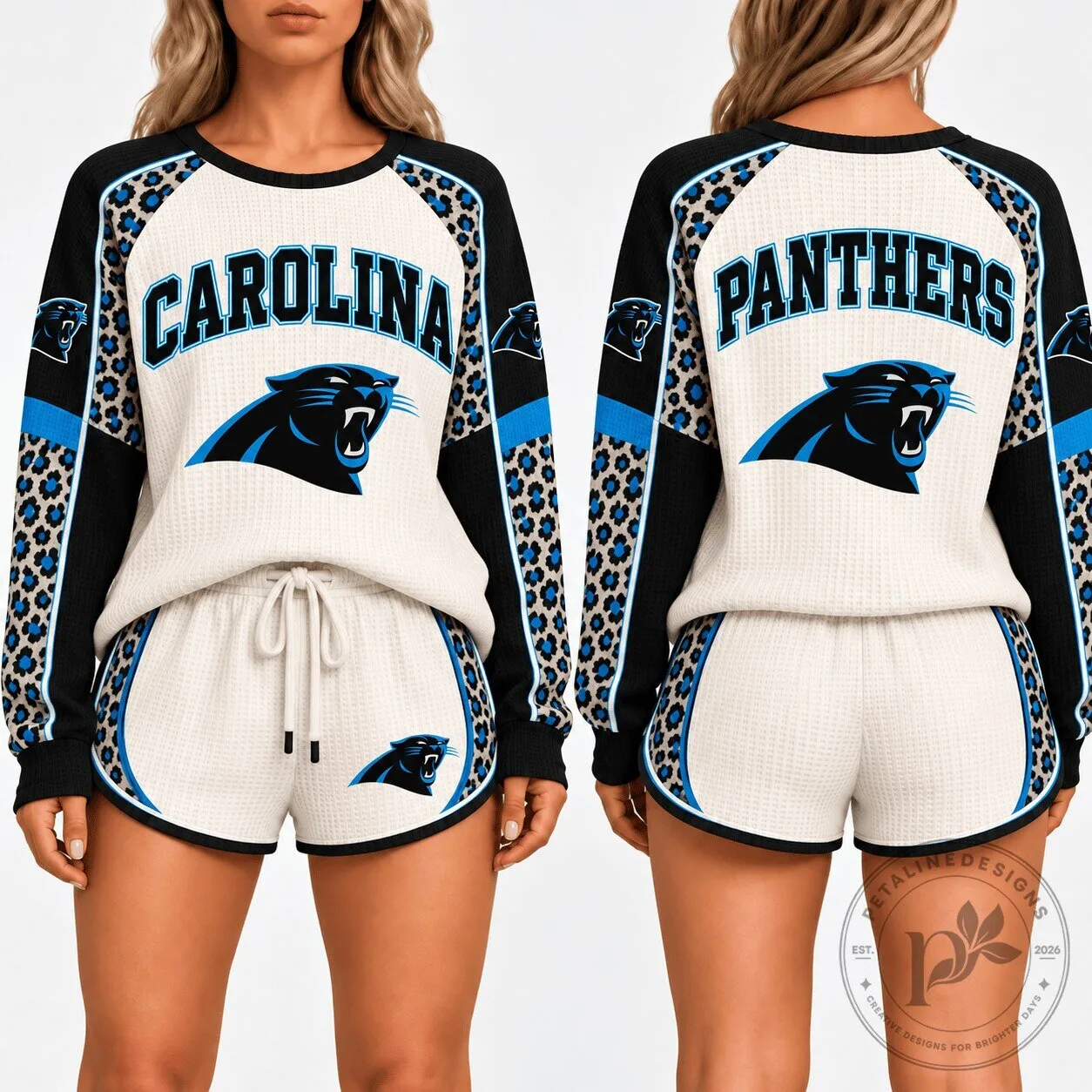 Carolina Panthers Leopard Print Game Day Waffle Knit Lounge Set Pajamas 1 Carolina Panthers Leopard Print Game Day Waffle Knit Lounge Set Pajamas