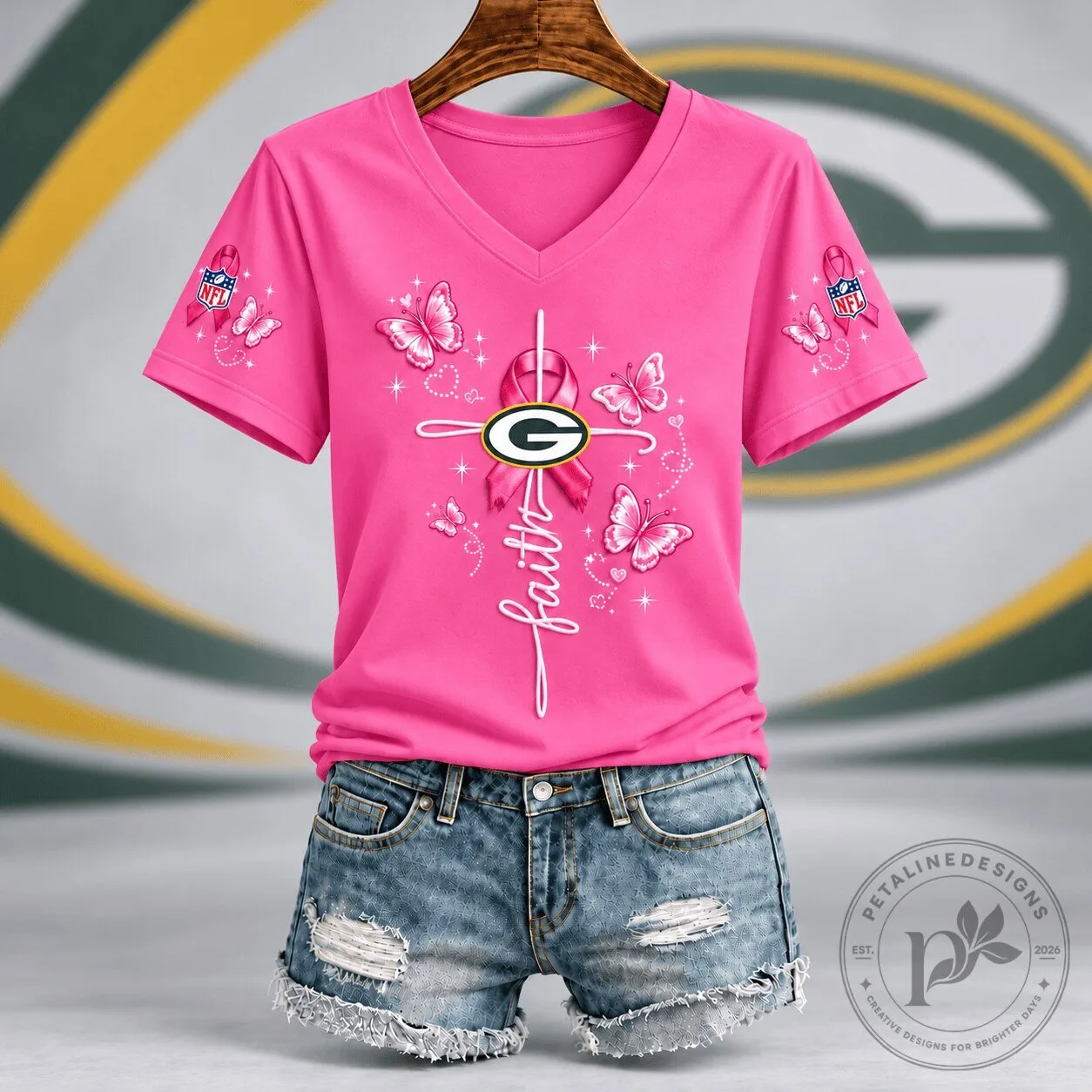 Green Bay Packers Faith Hope Love Breast Cancer Awareness Pink V-Neck T-Shirt 4 Green Bay Packers Faith Hope Love Breast Cancer Awareness Pink V-Neck T-Shirt