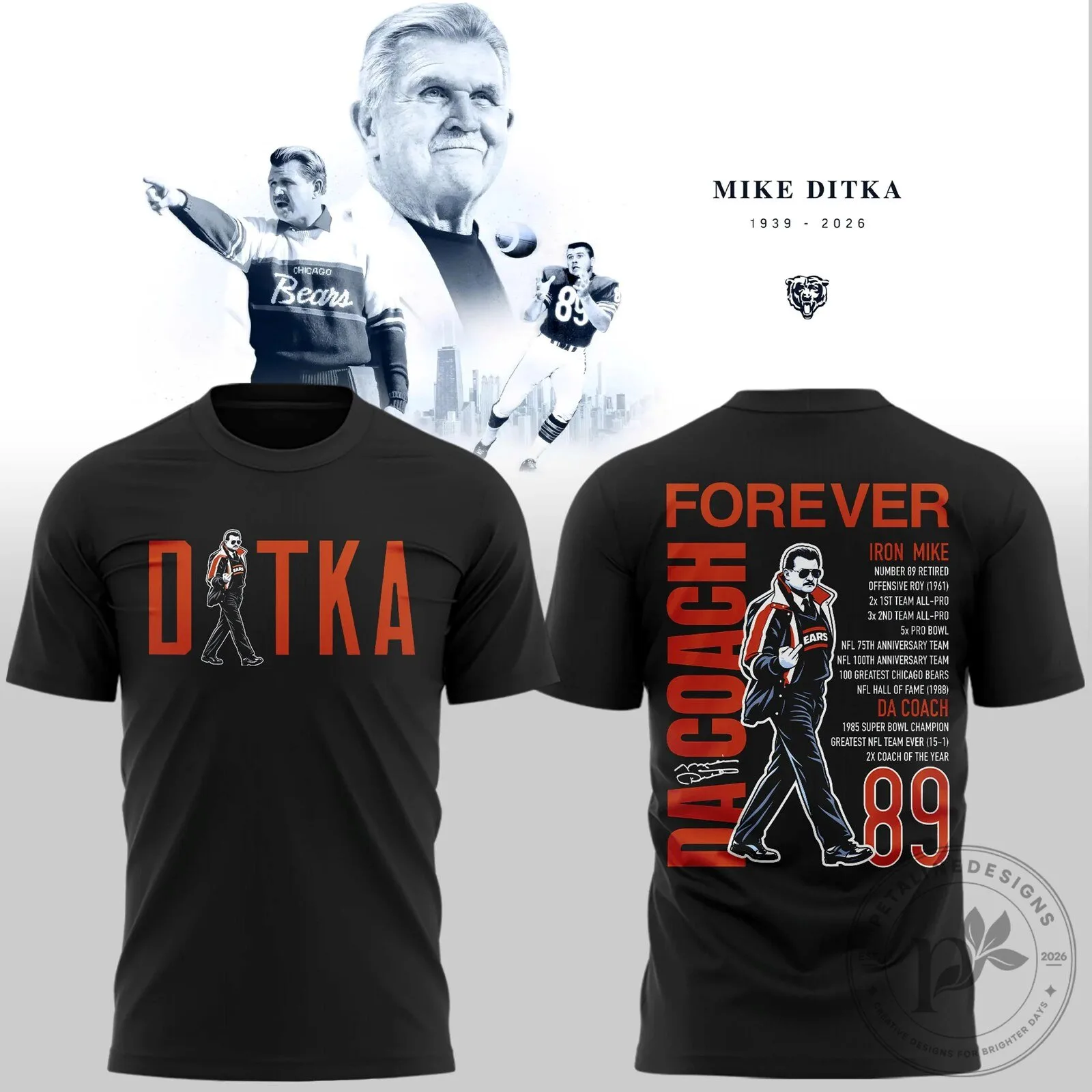 Black Graphic T-Shirt Featuring Chicago Bears Legend Mike Ditka 7 Black Graphic T-Shirt Featuring Chicago Bears Legend Mike Ditka