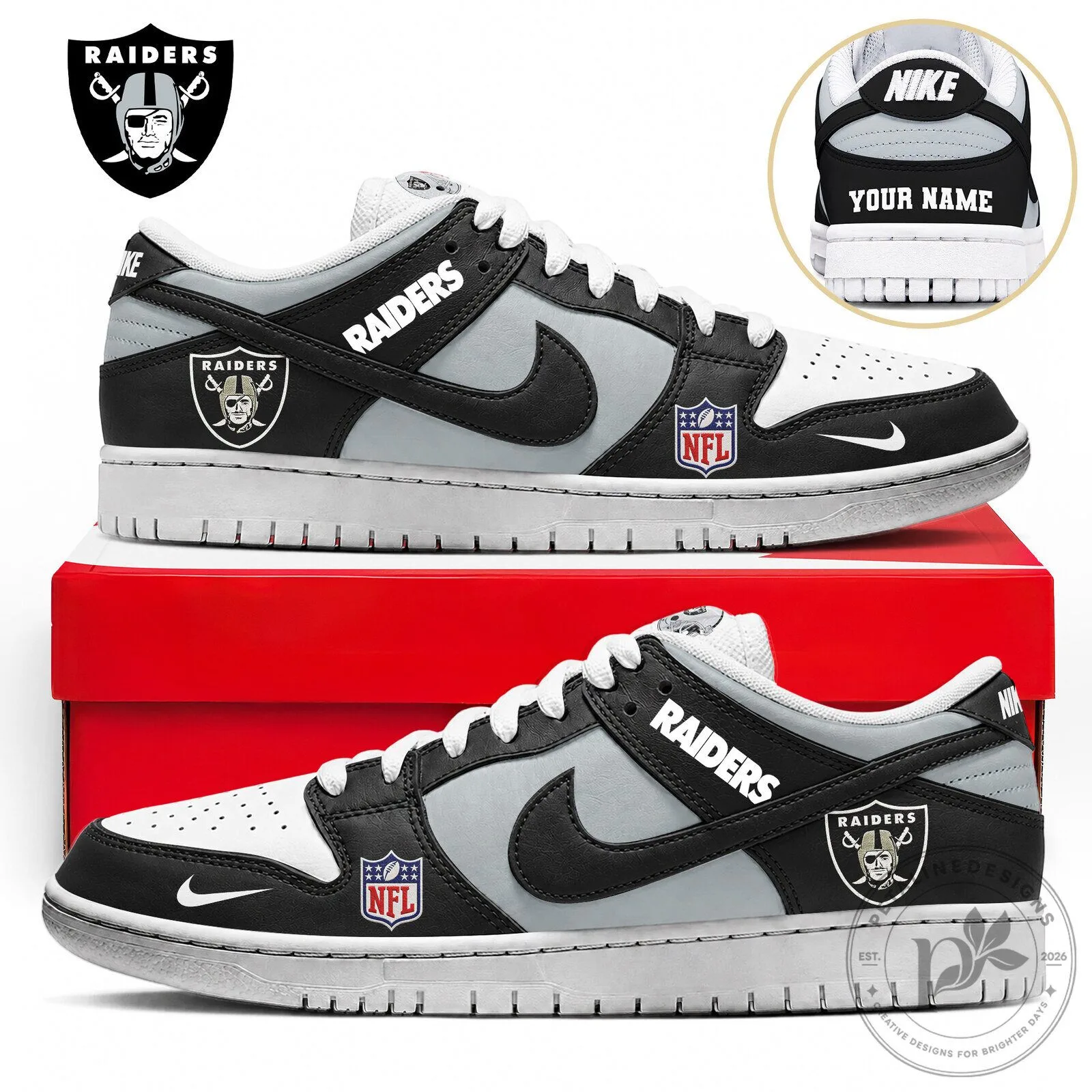 Las Vegas Raiders NFL Team Logo Black and Gray Custom Sneakers Shoes 1 Las Vegas Raiders NFL Team Logo Black and Gray Custom Sneakers Shoes
