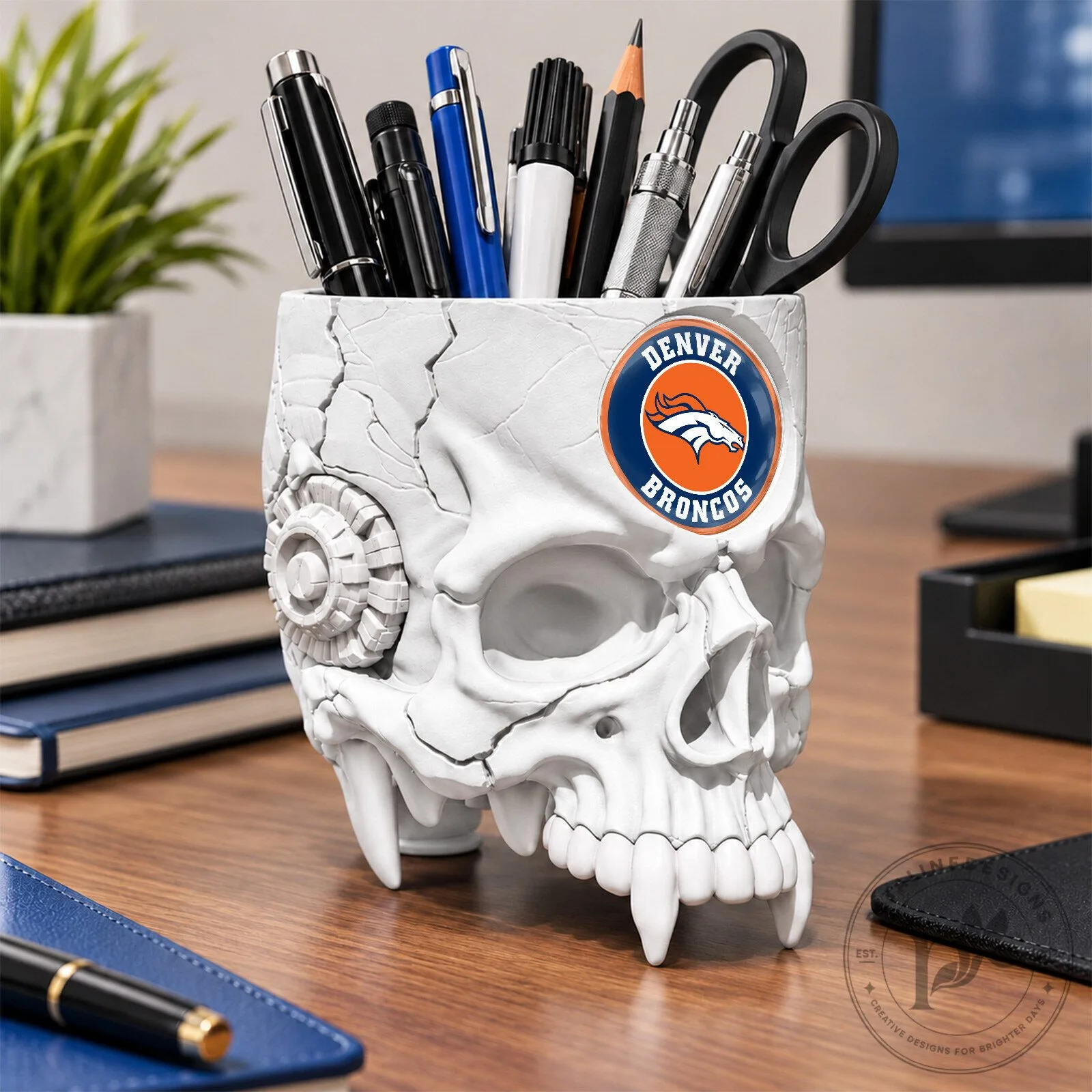 Denver Broncos NFL Football Team Skull Pen and Pencil Holder