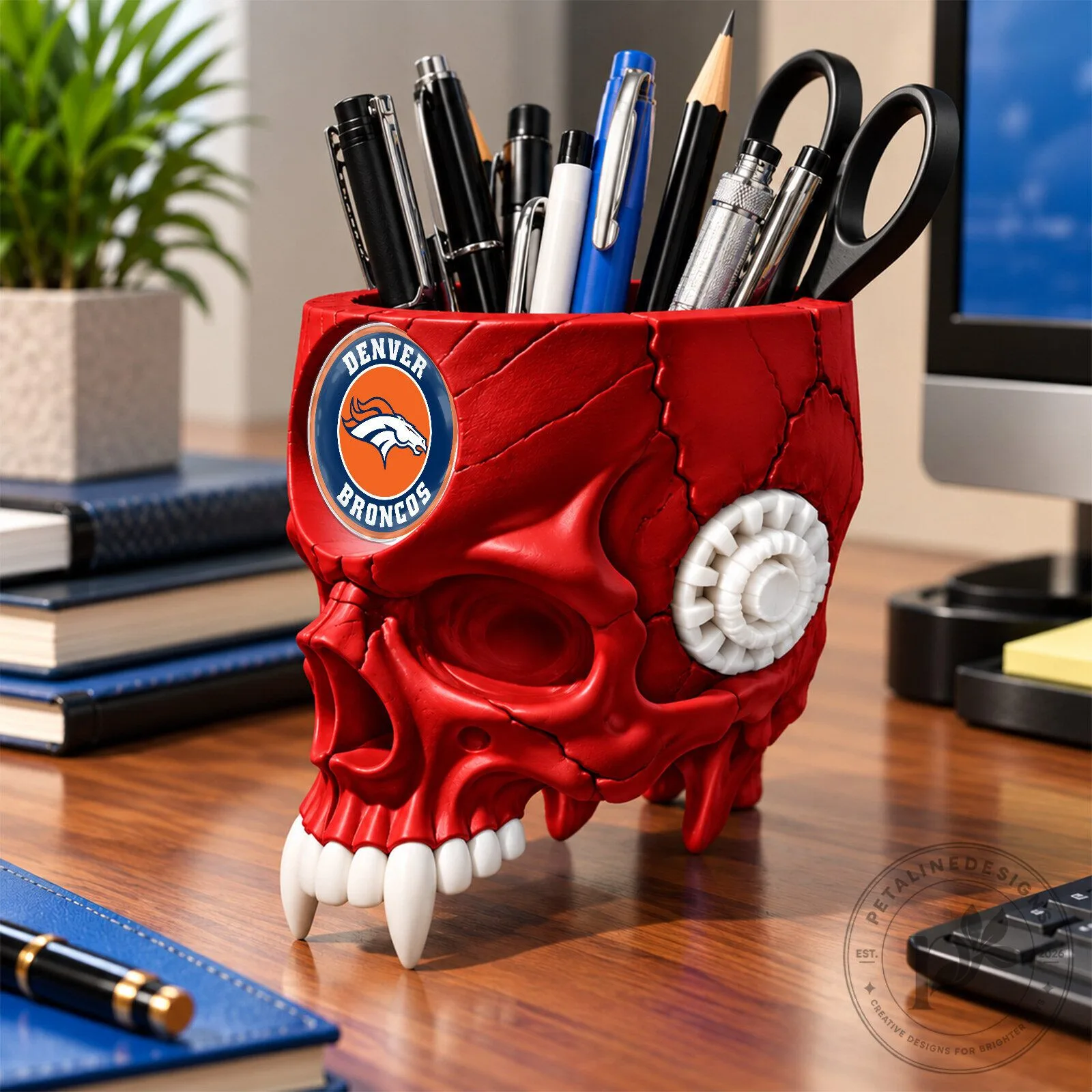Denver Broncos NFL Football Team Skull Pen and Pencil Holder 13 Denver Broncos NFL Football Team Skull Pen and Pencil Holder