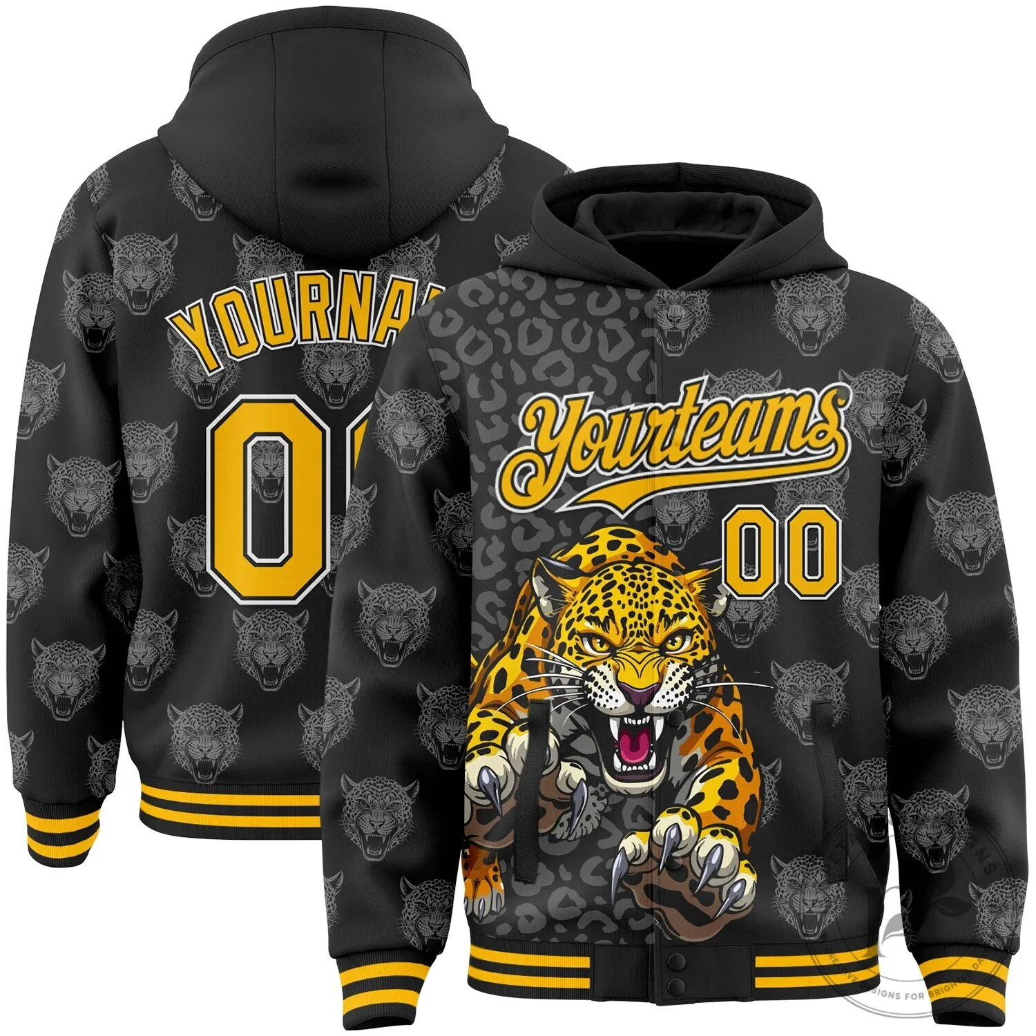 Custom Black Gold Leopard Print Varsity Full-Snap Hoodie Jacket