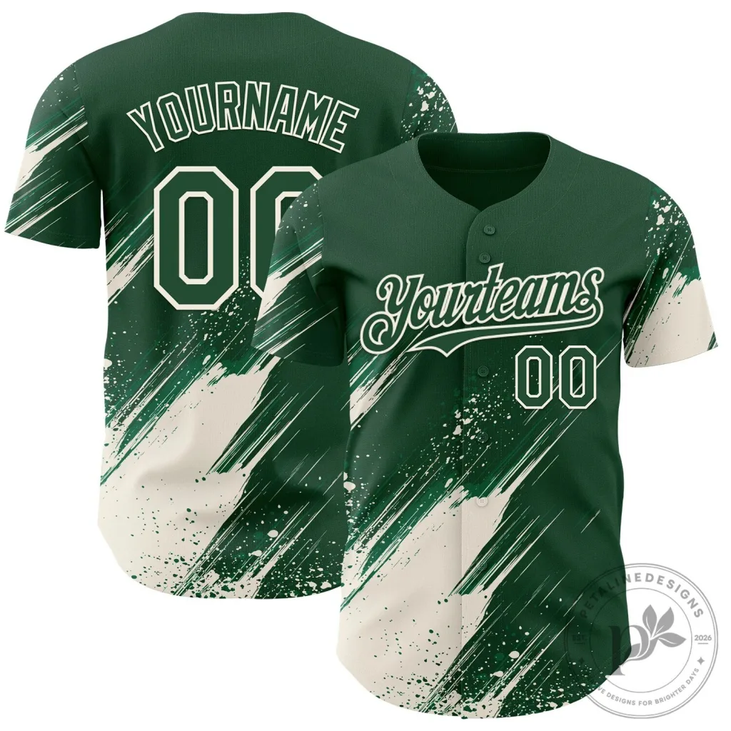 Custom Green Cream Diagonal Scratch Paint Splatter Design Baseball Jersey Custom Green Cream Diagonal Scratch Paint Splatter Design Baseball Jersey
