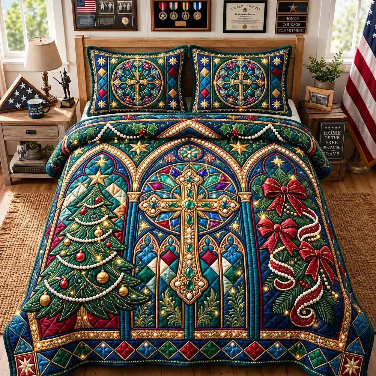 Faith Cathedral Christmas Stained Glass Quilted Bedding Set