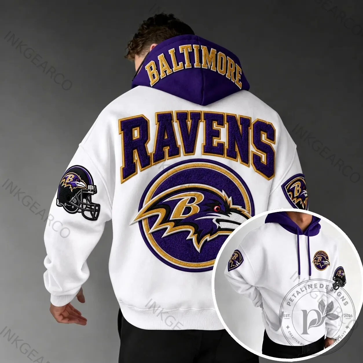 White Pullover Hoodie with Baltimore Ravens Team Logo