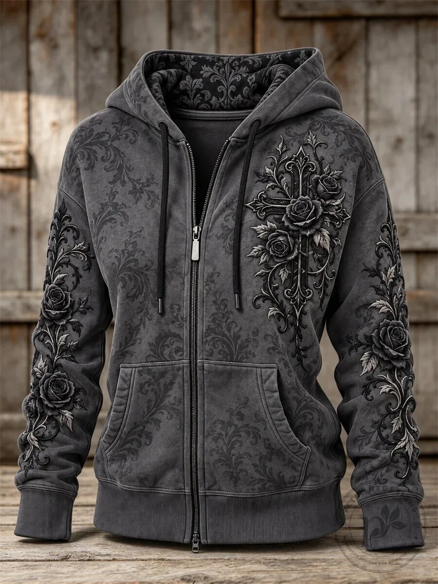 Gothic Cross and Black Roses Floral Print Full Zip Hoodie