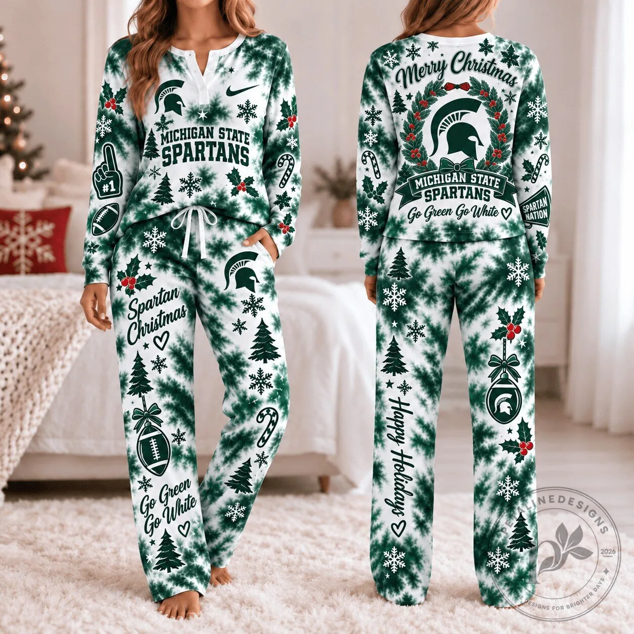 Michigan State Spartans Christmas Tie-Dye Holiday Pajamas Set