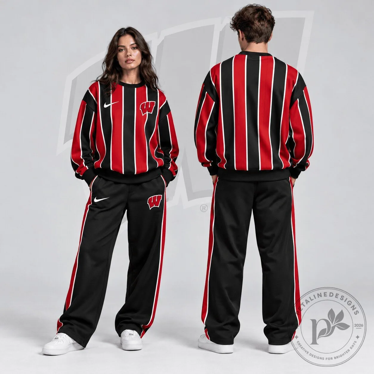 Wisconsin Badgers Vertical Stripe Crewneck Sweatshirt and Wide Leg Track Pants Set