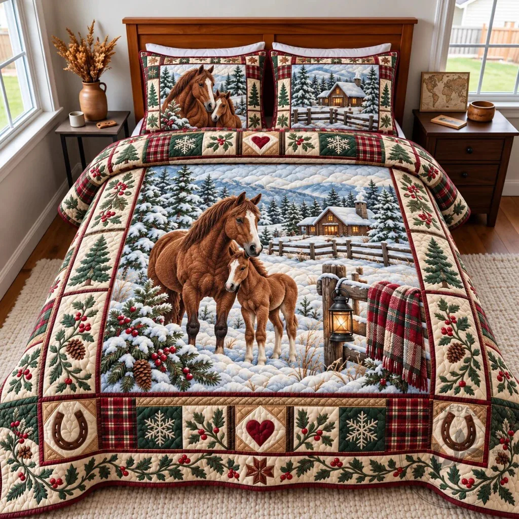 Winter Horse and Foal Snowy Cabin Quilted Bedding Set Winter Horse and Foal Snowy Cabin Quilted Bedding Set