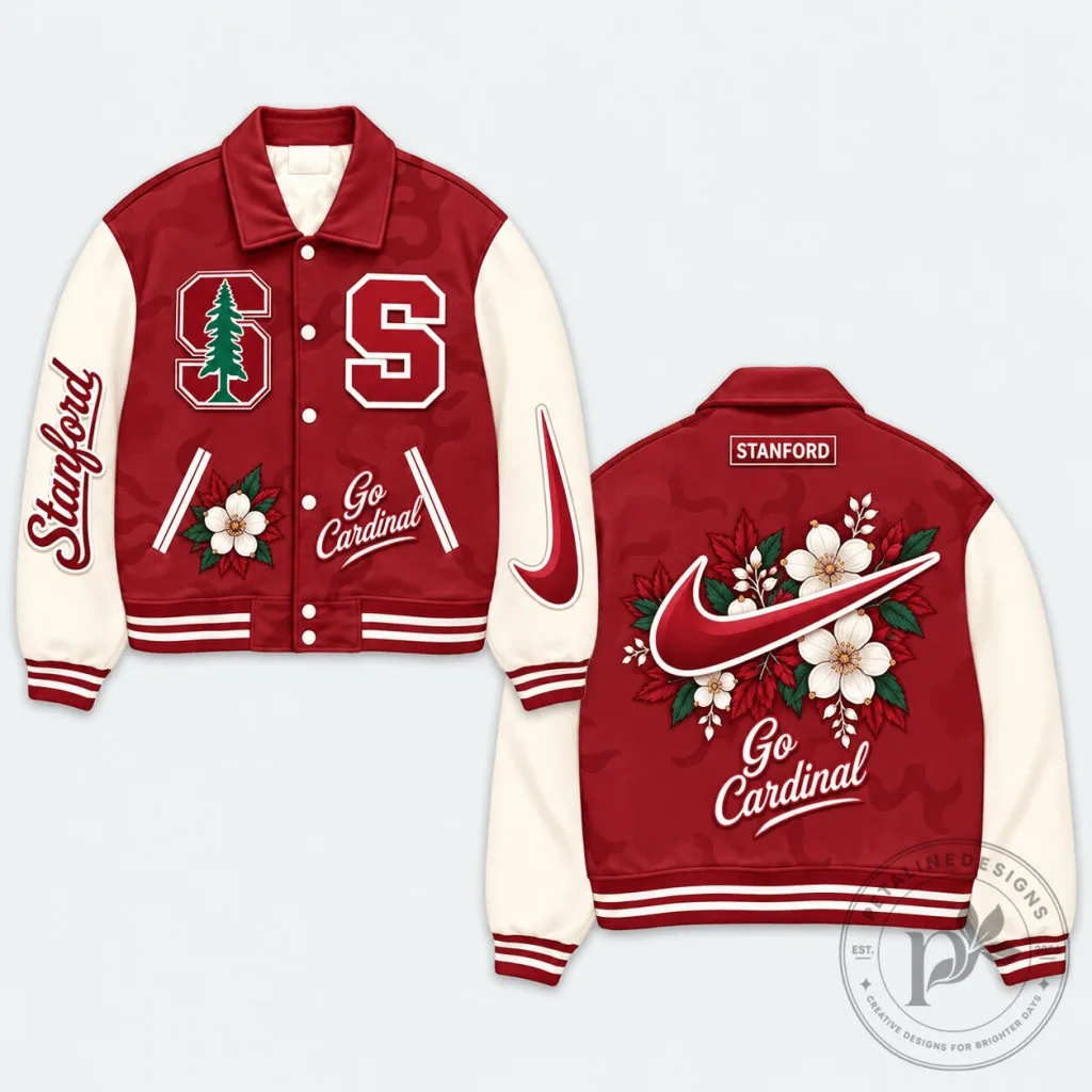Stanford Cardinal University Red and White Varsity Jacket with Embroidered Logo Stanford Cardinal University Red and White Varsity Jacket with Embroidered Logo