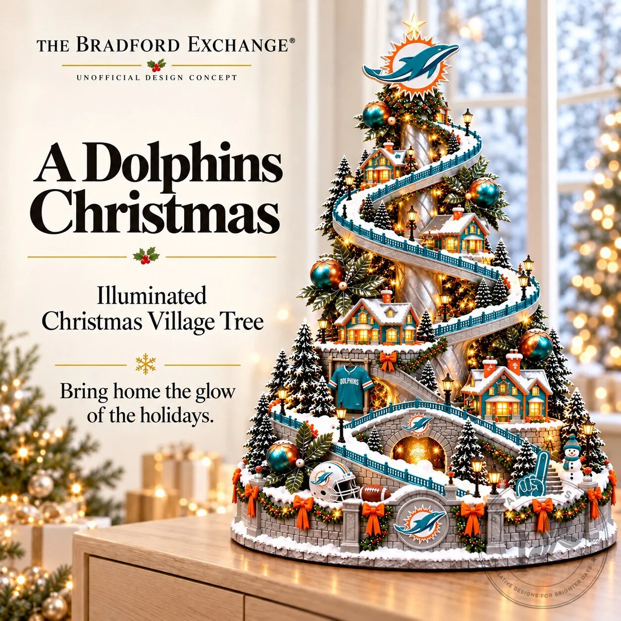 Miami Dolphins Illuminated Christmas Village Tree Holiday Decor