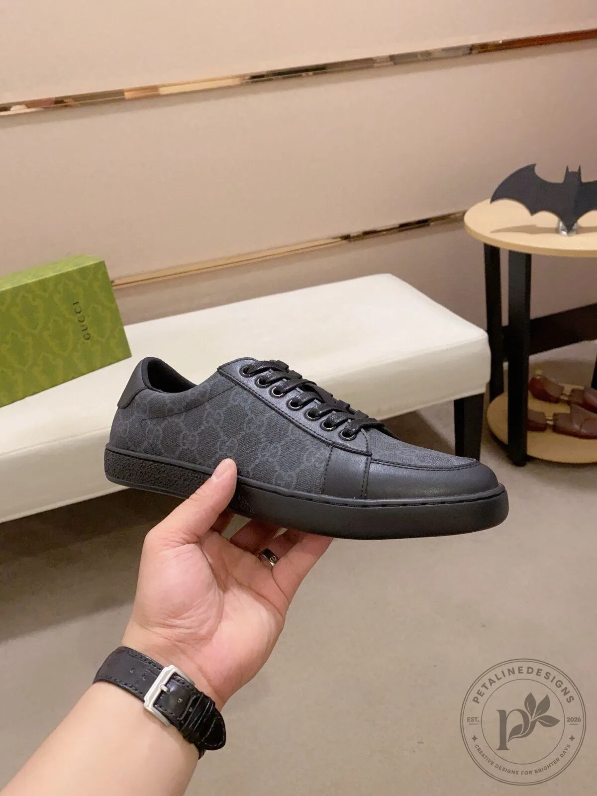 Gucci Monogram Black Leather Low Top Sneakers 9 Gucci Monogram Black Leather Low Top Sneakers