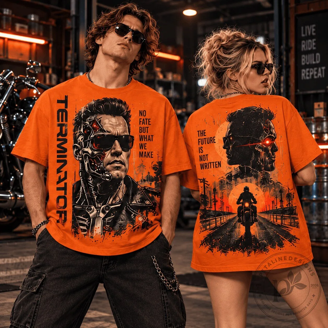 Terminator T-800 Cyborg Motorcycle Sci-Fi Action Movie Graphic T-Shirt