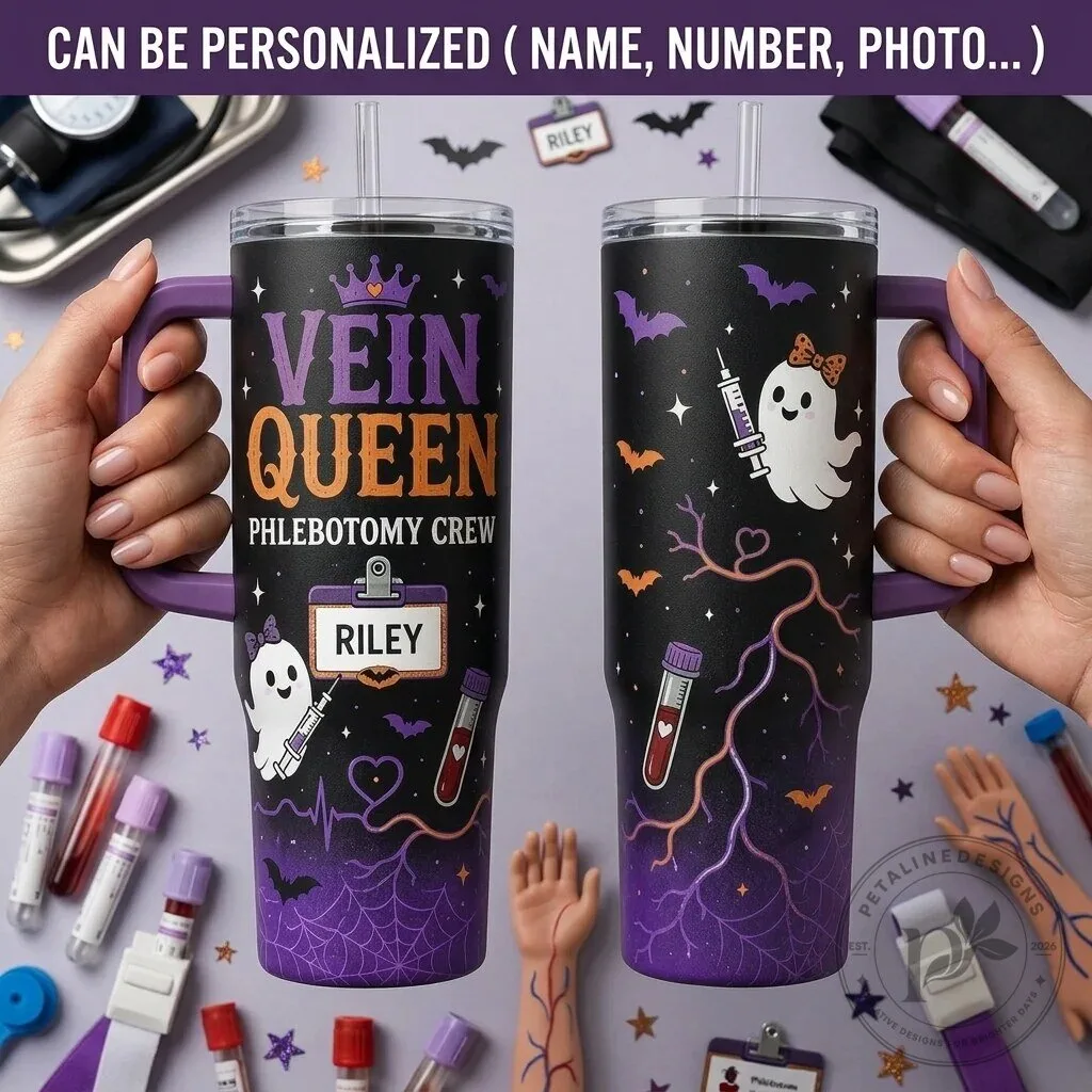 Vein Queen Phlebotomy Crew Personalized Halloween Spooky Ghost 40oz Tumbler with Handle