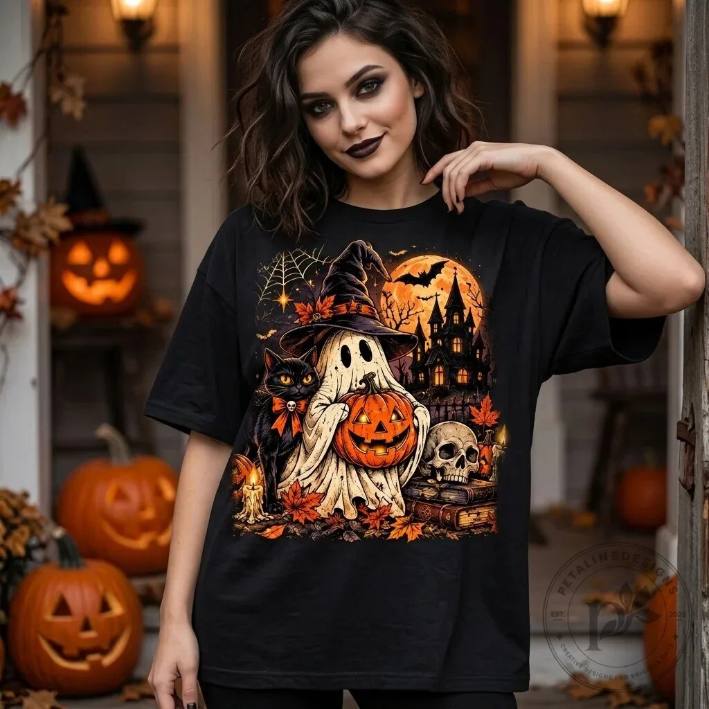 Vintage Halloween Ghost Pumpkin Witch Black Cat Spooky Full Moon T-Shirt