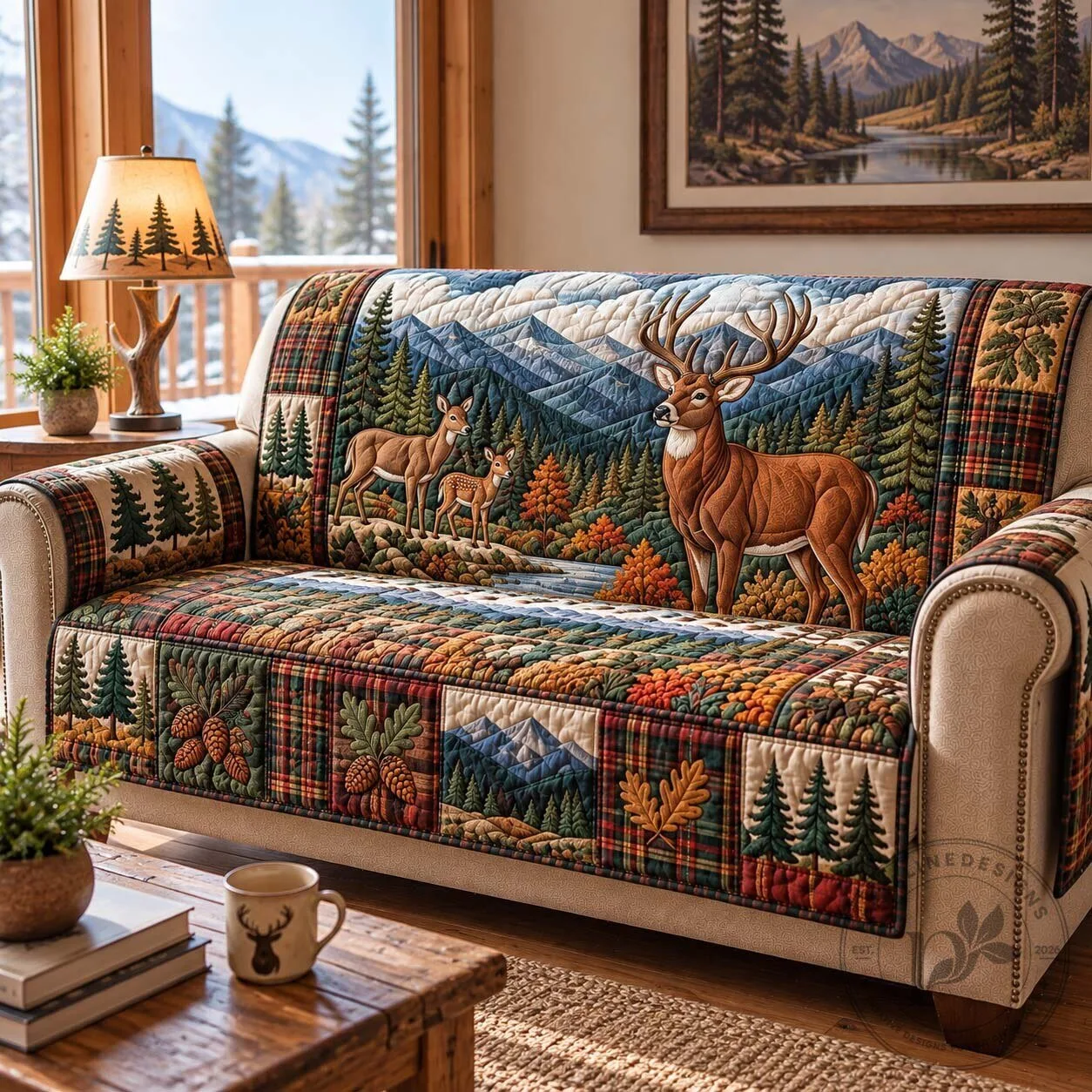 Autumn Mountain Deer Quilted Sofa Cover with Forest and Plaid Design