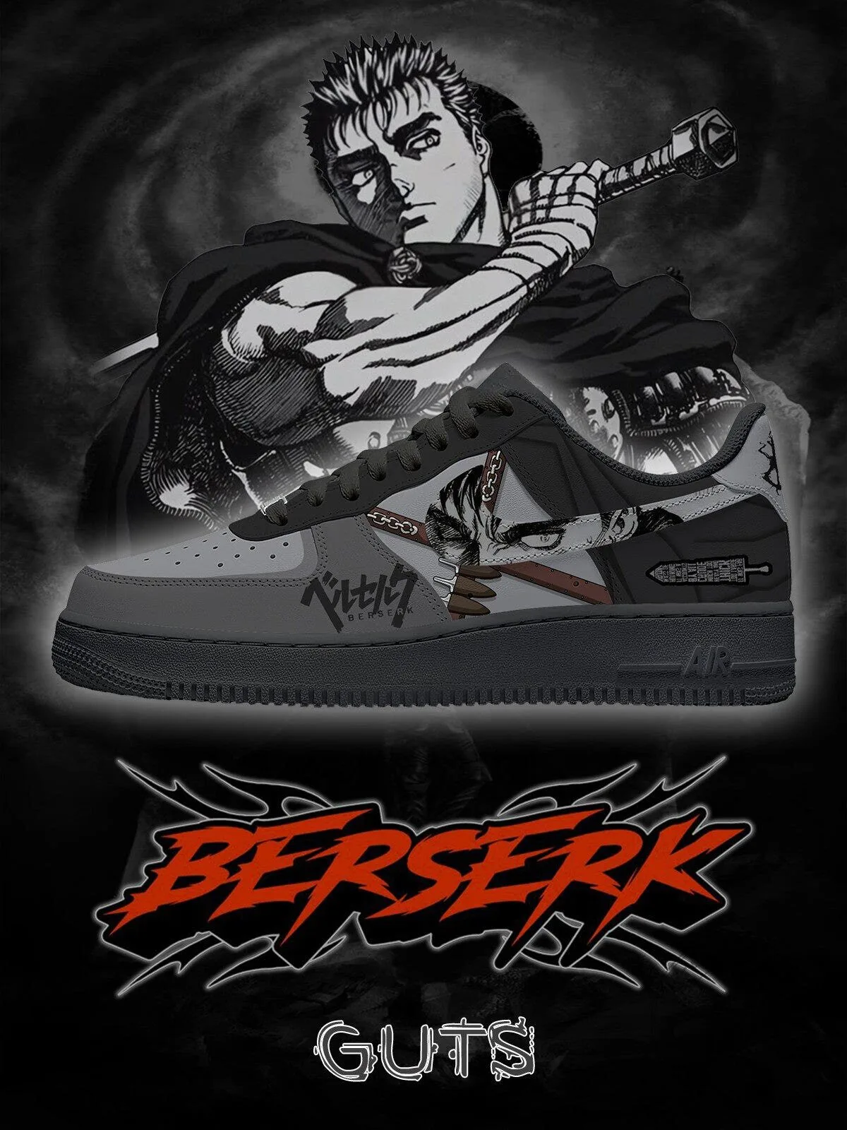 Berserk Guts Anime Manga Black and Gray Custom Printed Sneakers 2 Berserk Guts Anime Manga Black and Gray Custom Printed Sneakers