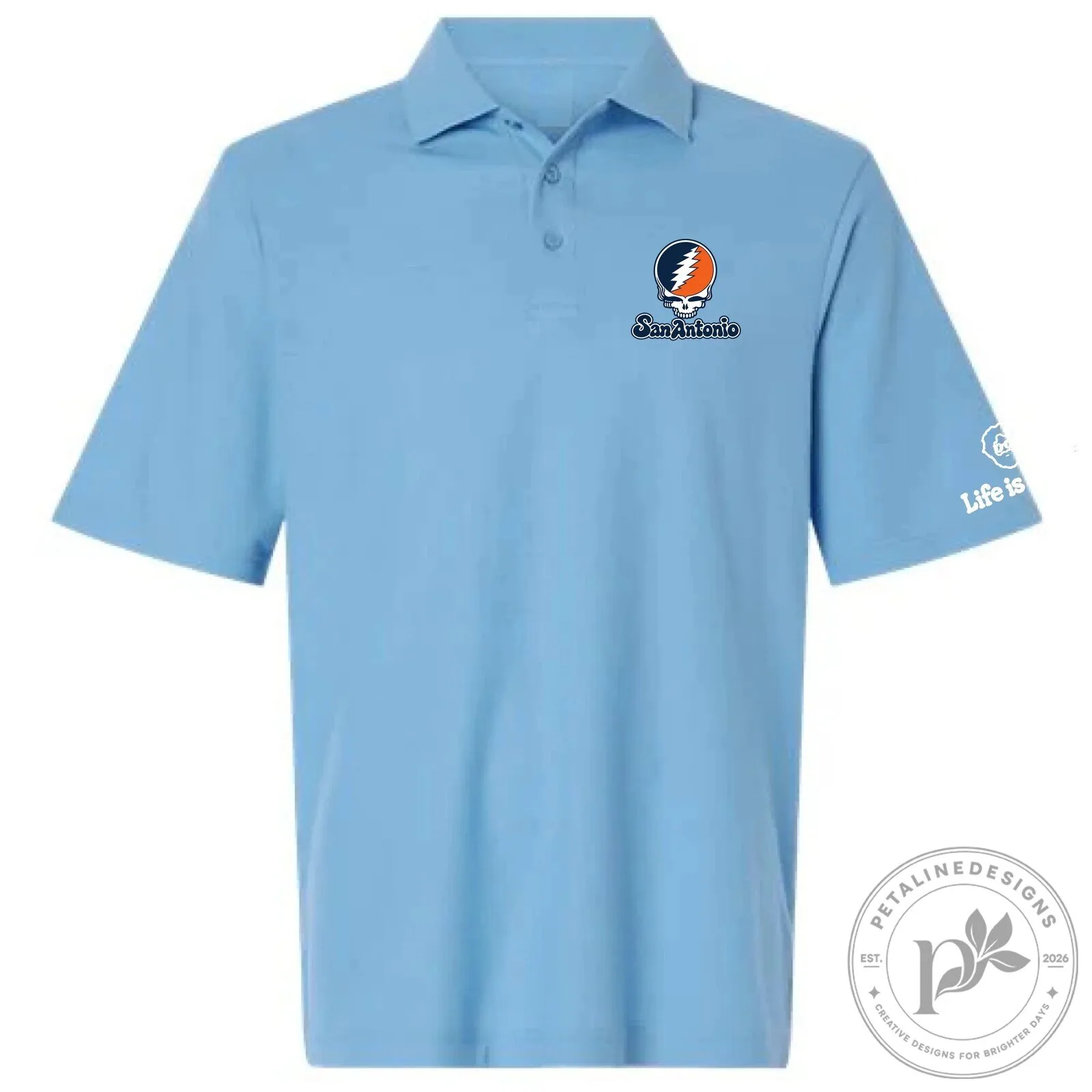 San Antonio Grateful Dead Stealie Skull Logo Light Blue Polo Shirt 1 San Antonio Grateful Dead Stealie Skull Logo Light Blue Polo Shirt