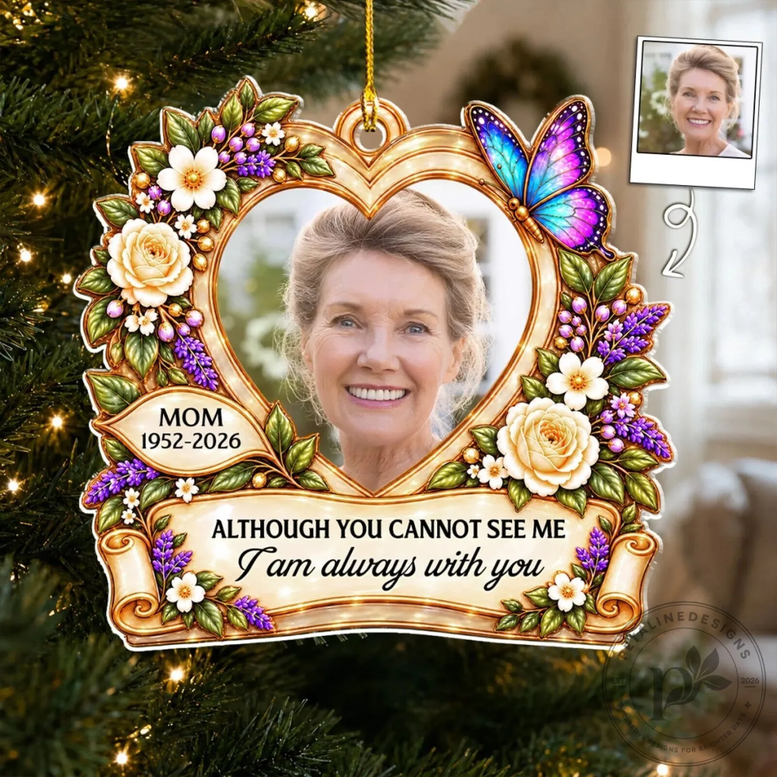 Personalized Memorial Photo Heart Ornament - Forever With Me Butterfly Keepsake