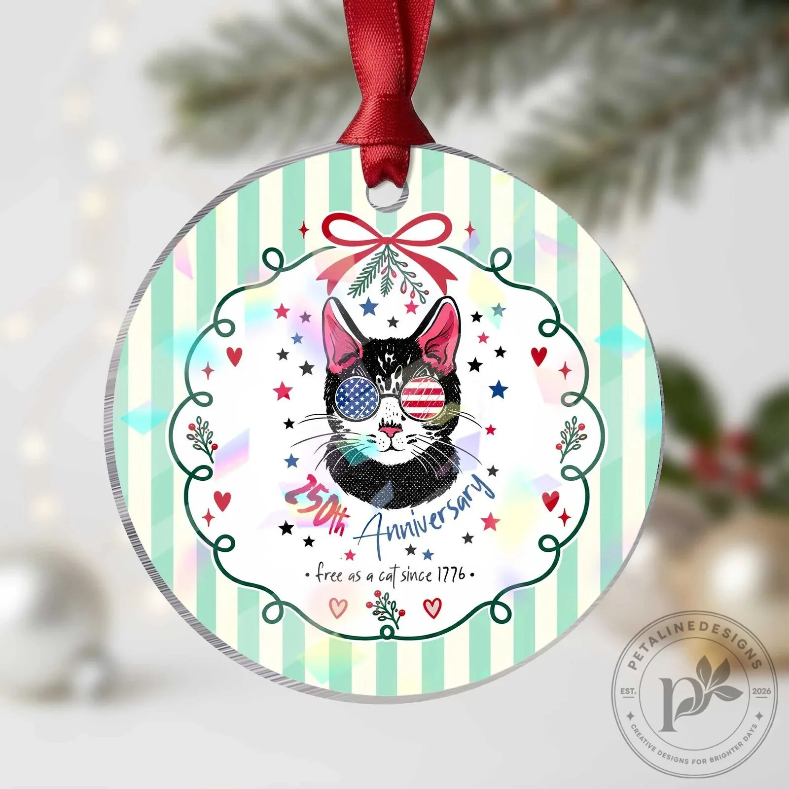 Patriotic Cat 250th Anniversary Free As A Cat Since 1776 Round Christmas Ornament 2 Patriotic Cat 250th Anniversary Free As A Cat Since 1776 Round Christmas Ornament