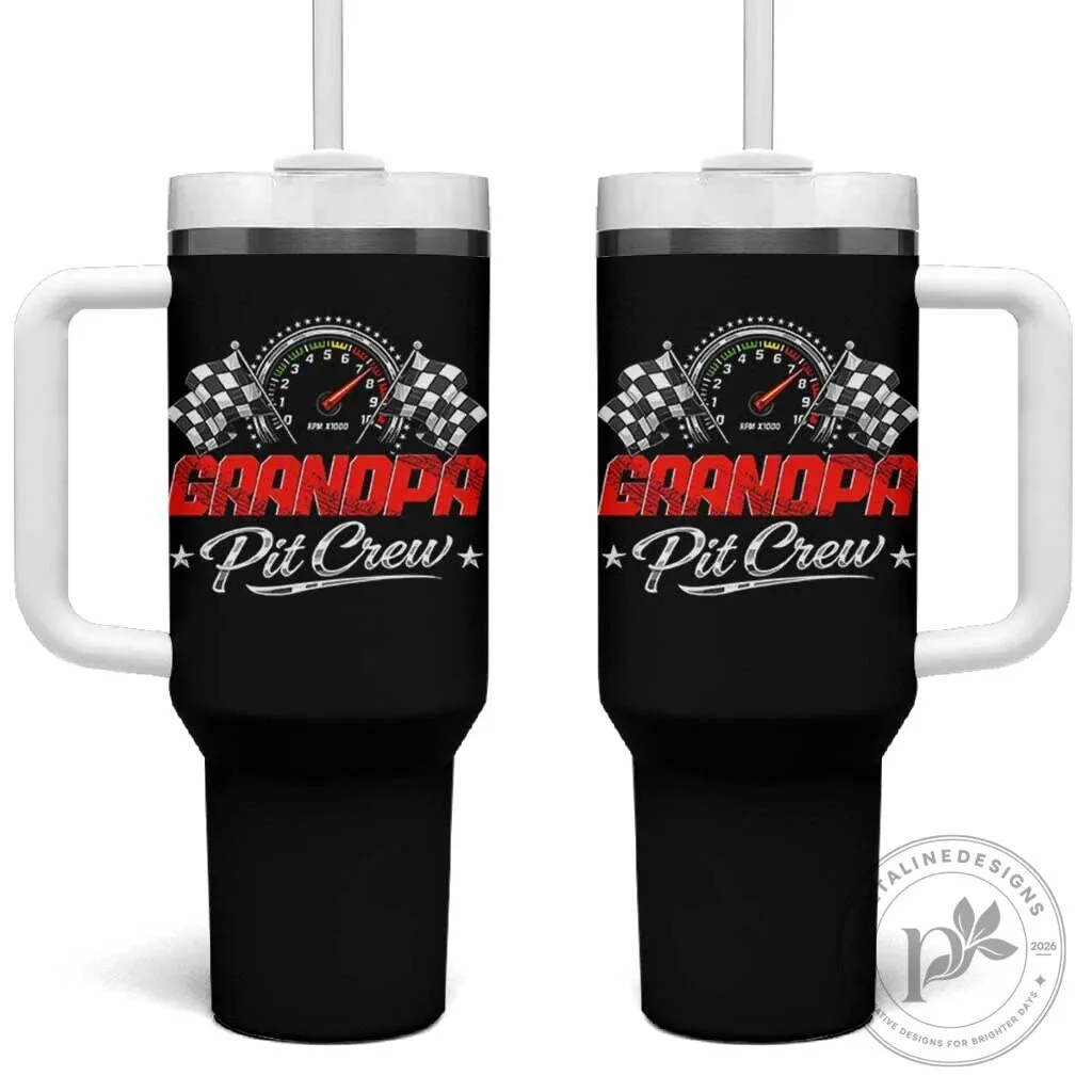 Grandpa Pit Crew Racing Flag Gauge Design Insulated Tumbler with Handle