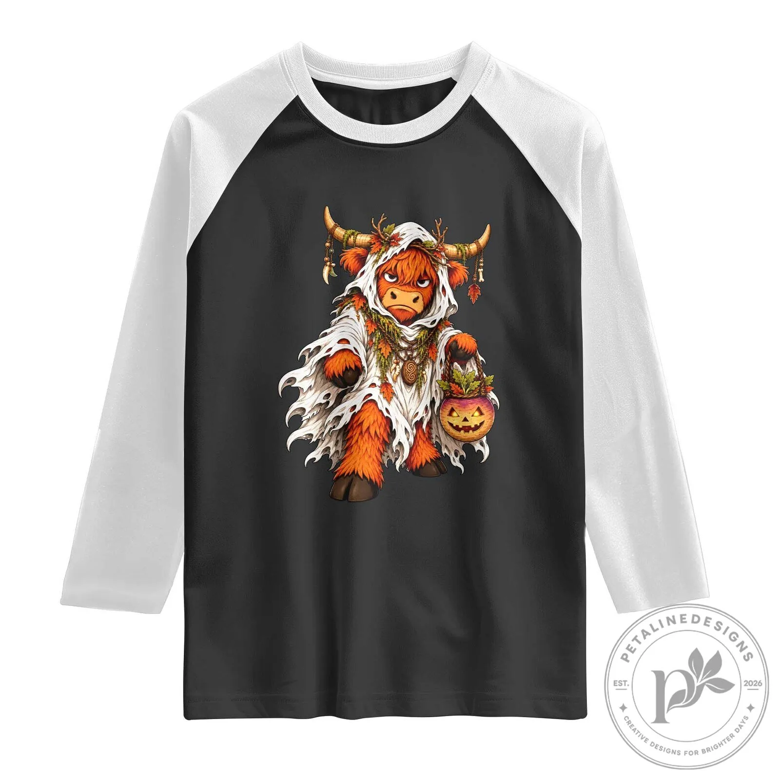 Halloween Costume Shirt Highland Cow Ghost Holding Turnip Lantern Raglan Long-Sleeve T-Shirt
