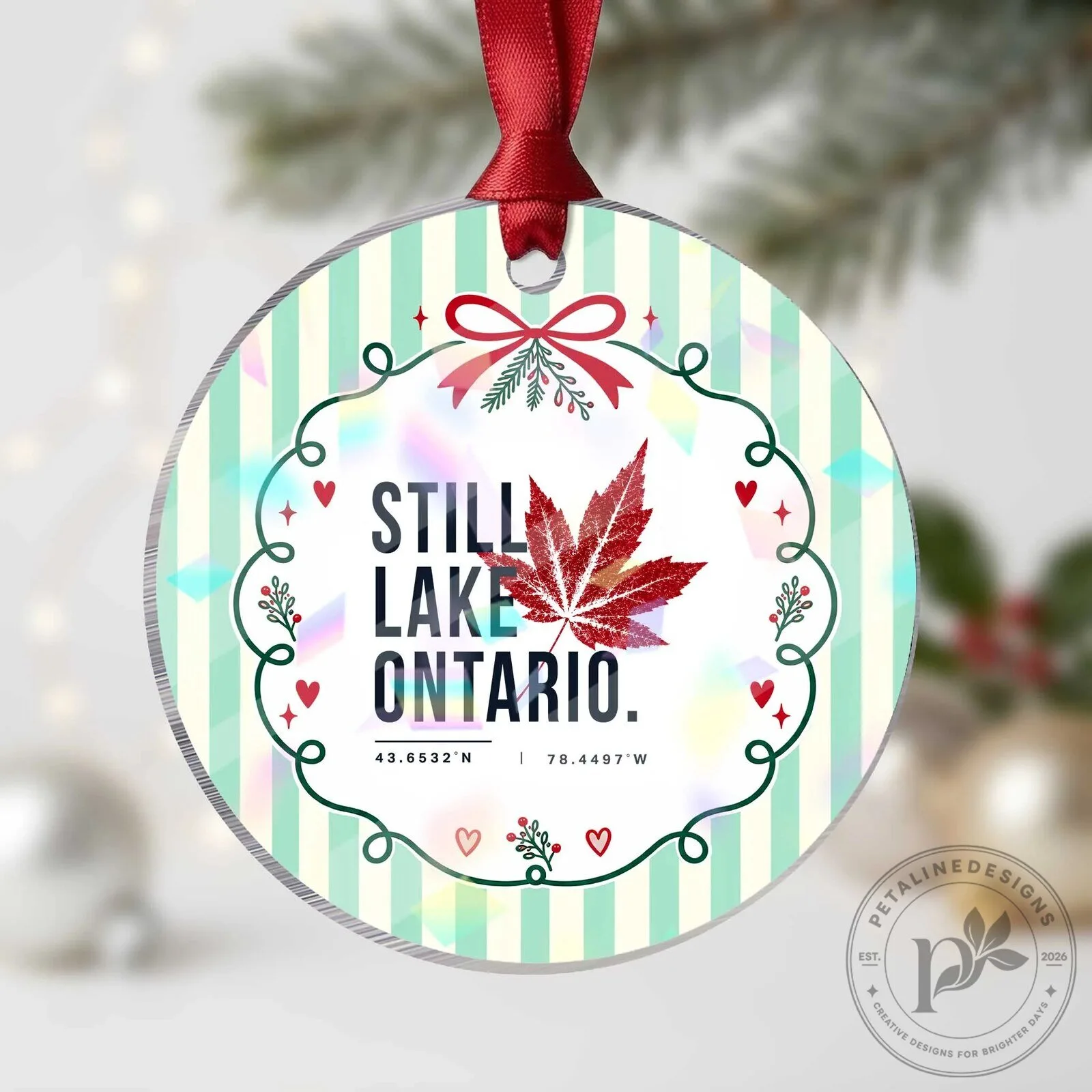 Still Lake Ontario Coordinates Holographic Maple Leaf Christmas Ornament Souvenir 5 Still Lake Ontario Coordinates Holographic Maple Leaf Christmas Ornament Souvenir