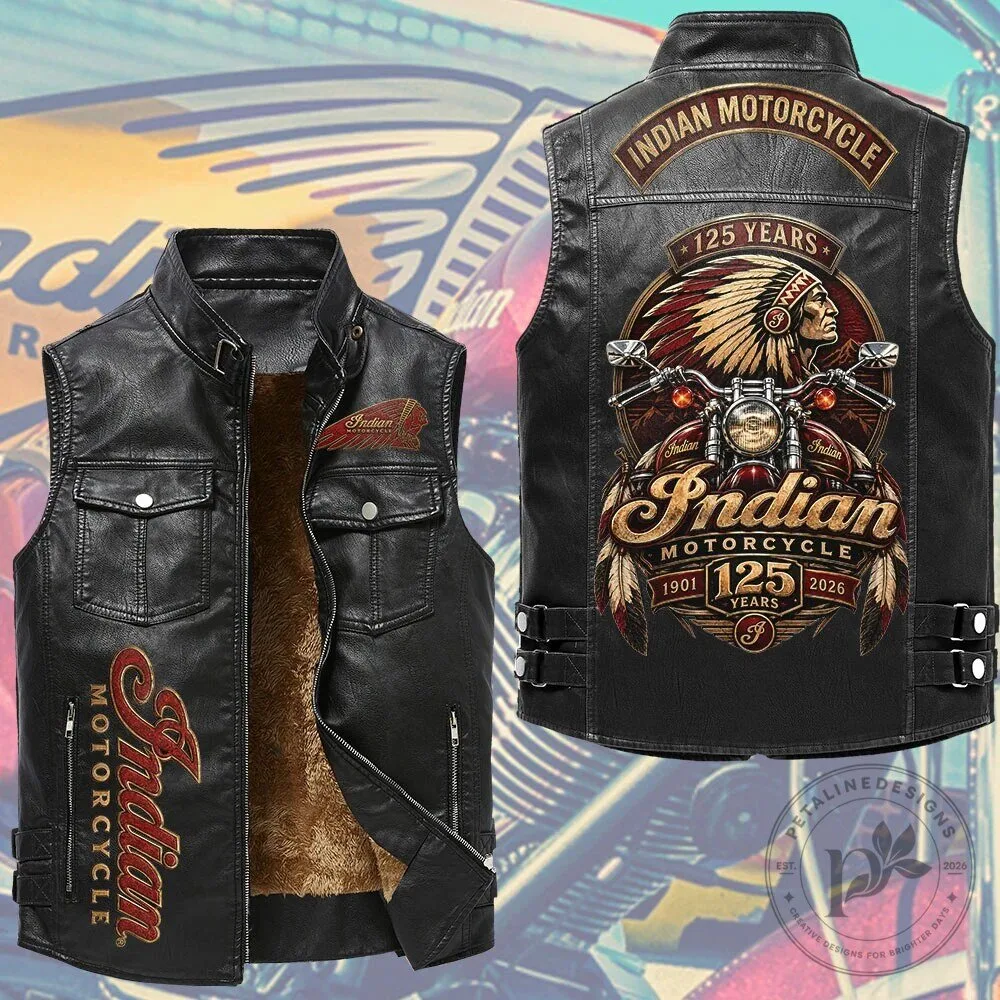 Indian Motorcycle 125th Anniversary Sleeveless Faux Leather Vest 1 Indian Motorcycle 125th Anniversary Sleeveless Faux Leather Vest