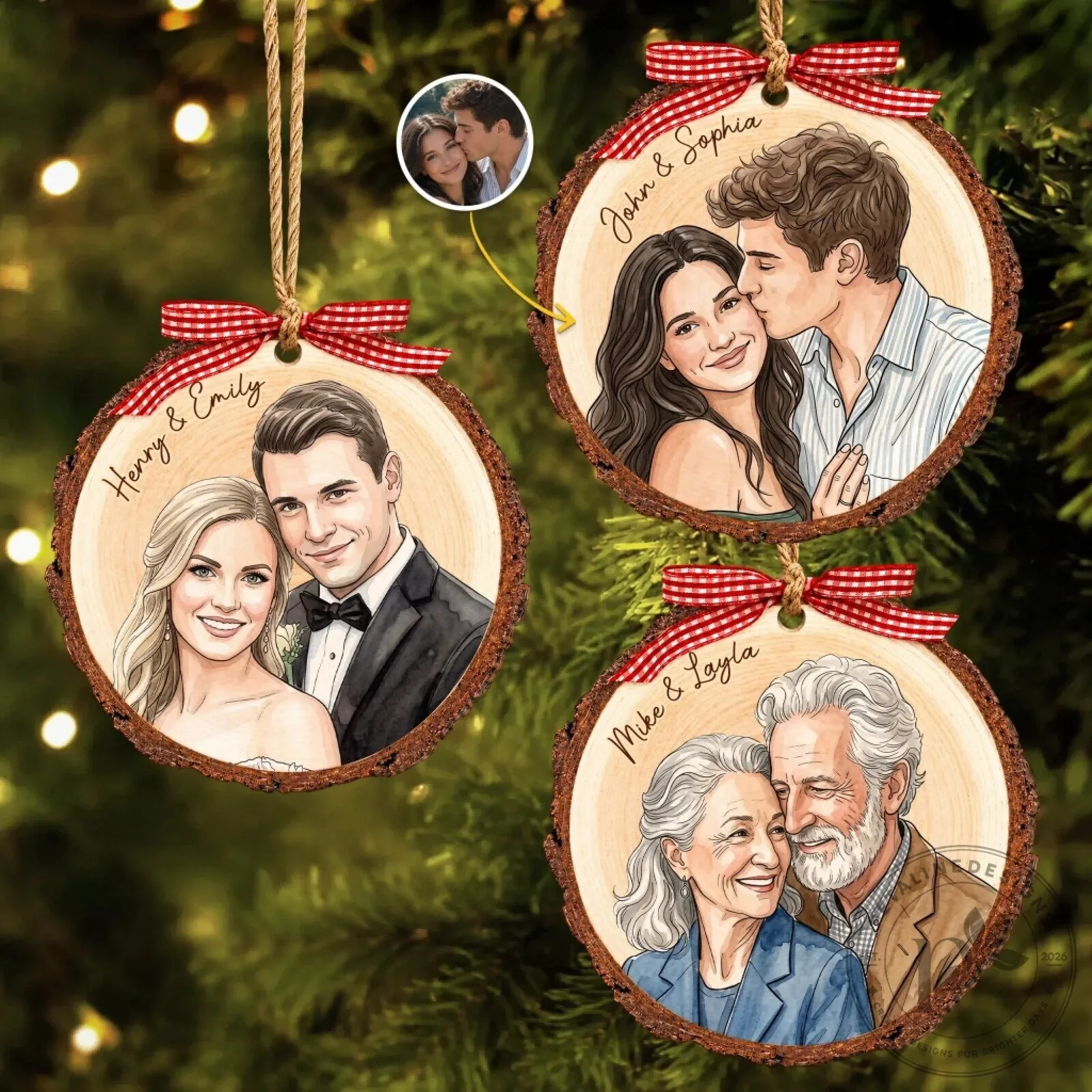 Personalized Couple Portrait Christmas Tree Ornament - Custom Photo Wood Slice Gift 10 Personalized Couple Portrait Christmas Tree Ornament - Custom Photo Wood Slice Gift