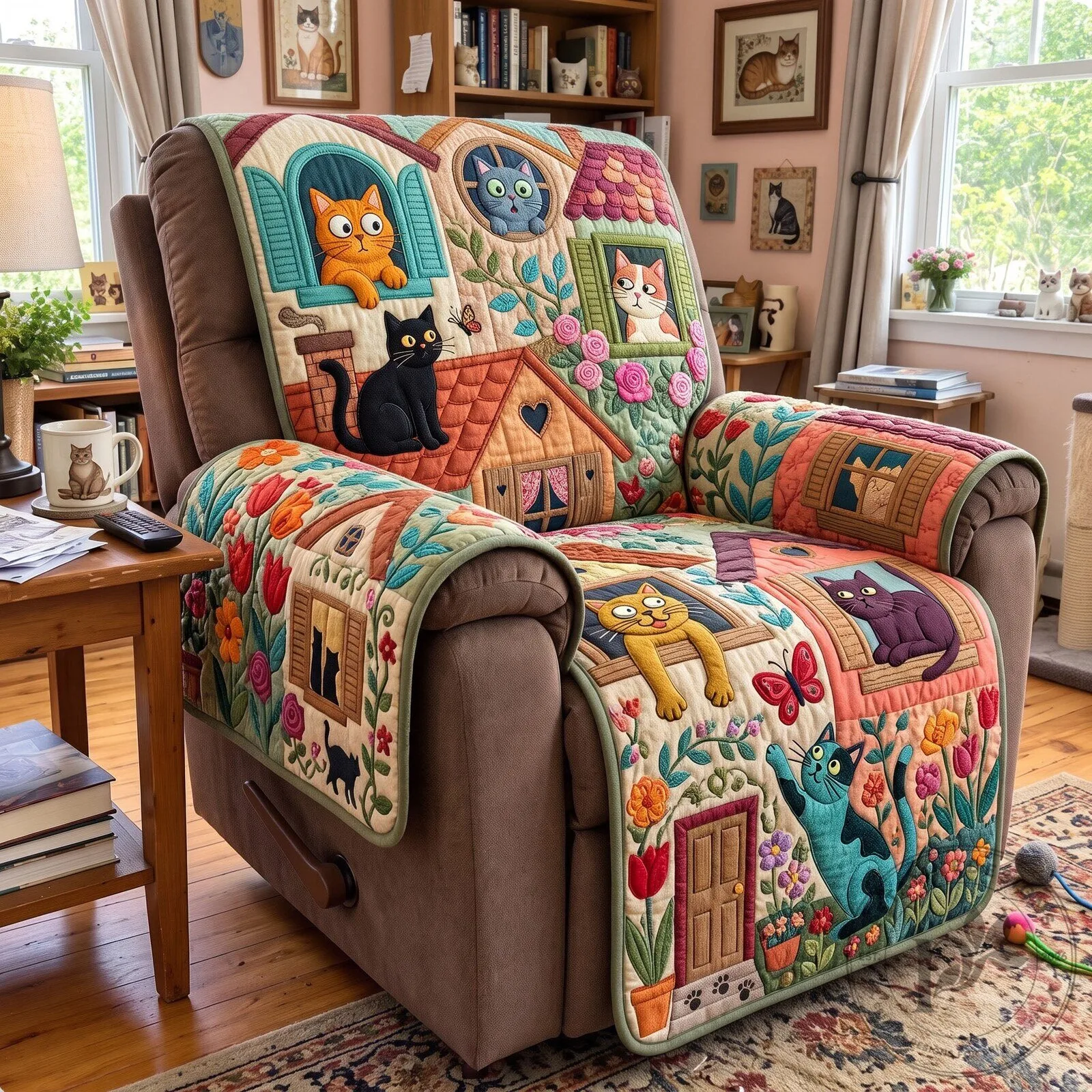 Folk Art Cats Quilted Sofa Cover with Colorful Cat House Design