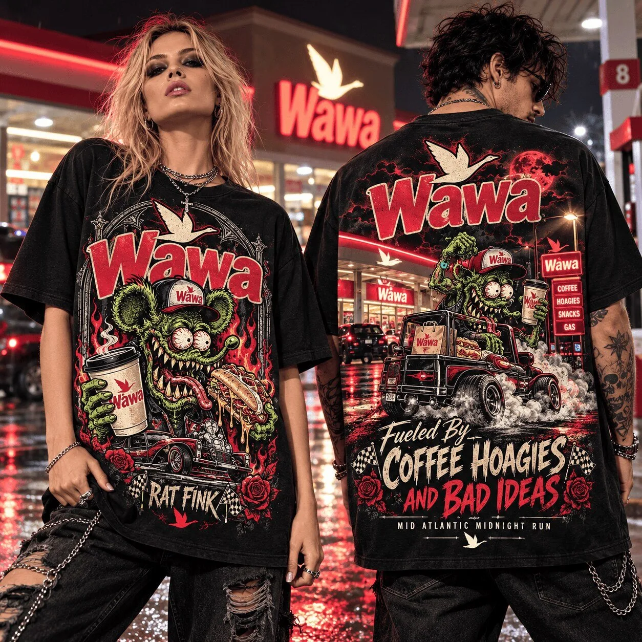 Rat Fink Wawa Coffee Hoagies Hot Rod Midnight Run T-Shirt 2 Rat Fink Wawa Coffee Hoagies Hot Rod Midnight Run T-Shirt