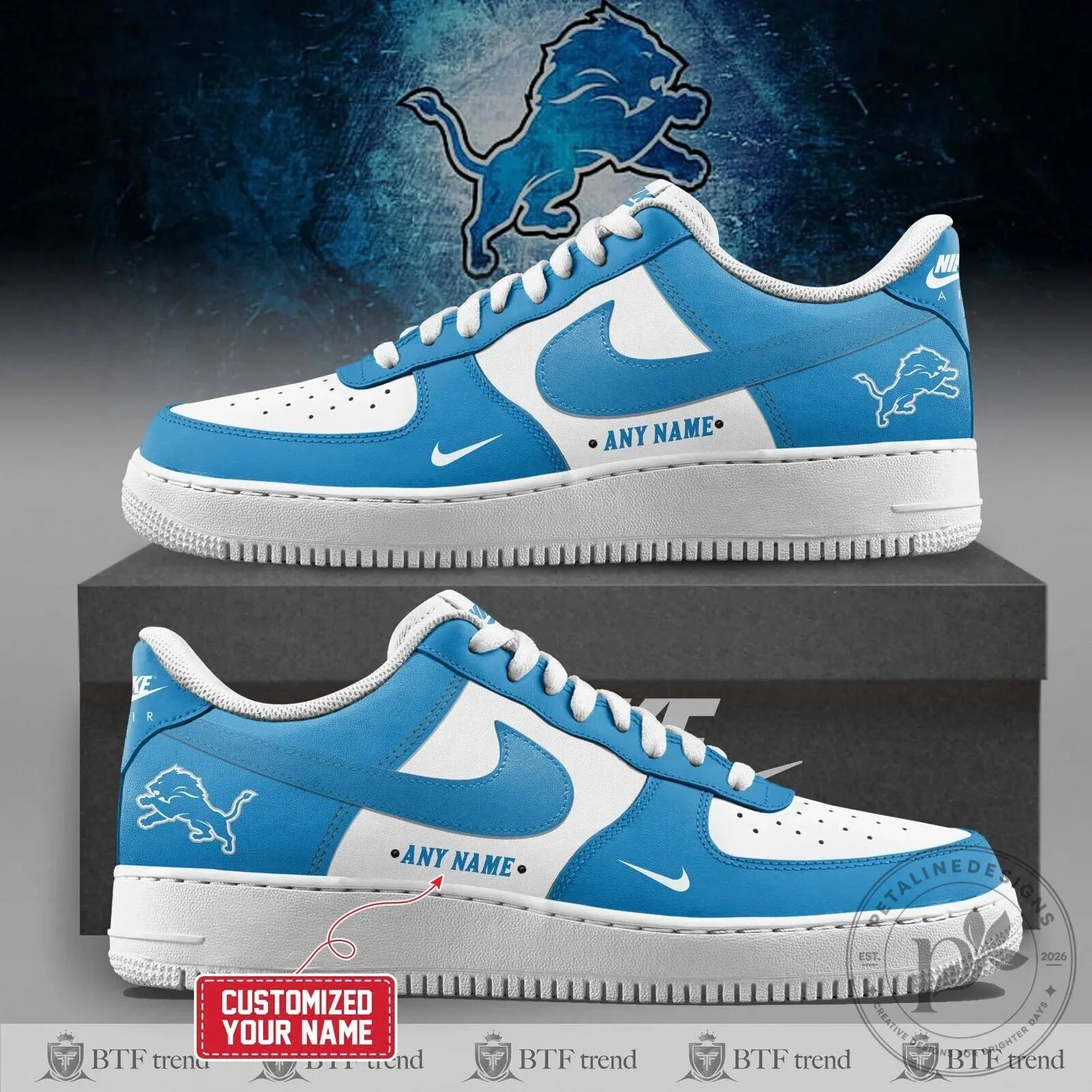 Detroit Lions Custom Name Blue and White Team Logo Sports Fan Shoes