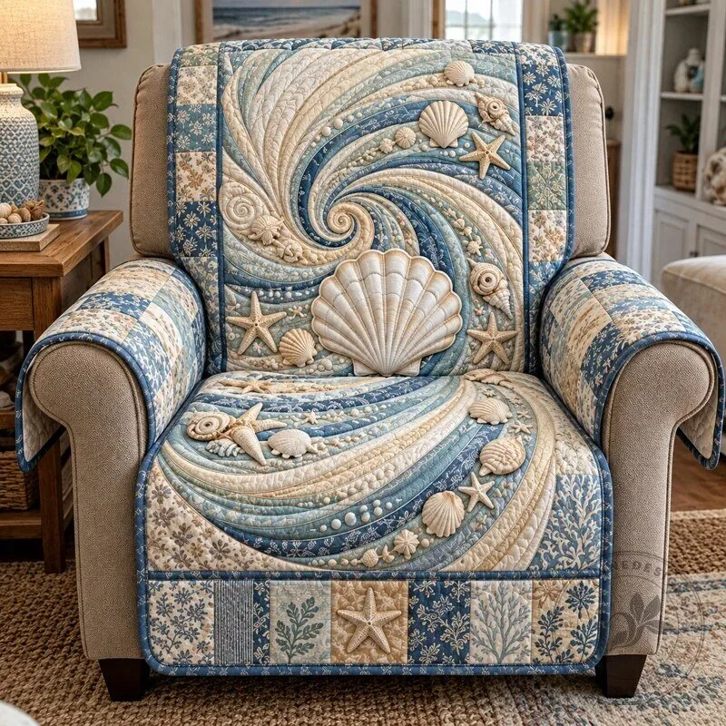 Ocean Shell Swirl Quilted Recliner Cover with Starfish and Seashells