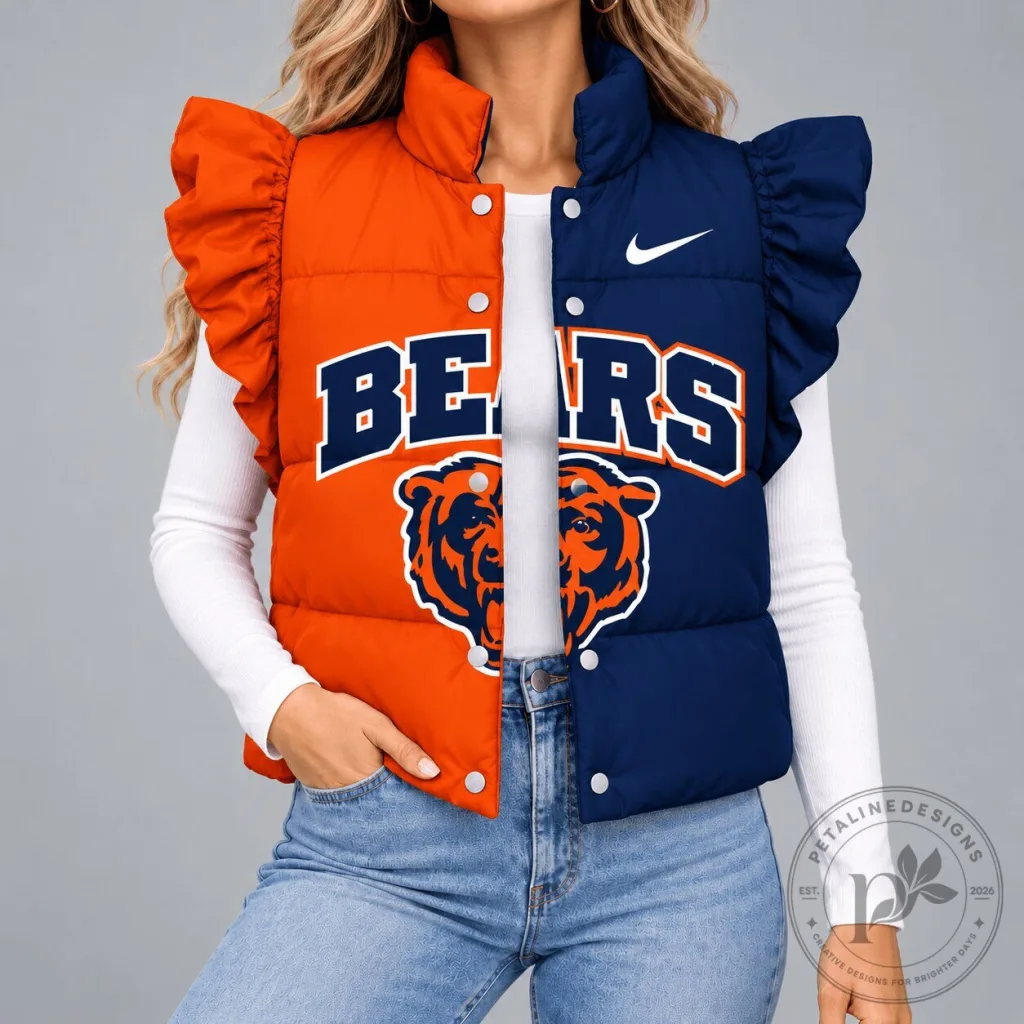 Women's Ruffled Puffer Vest in Split Colors for Chicago Bears NFL Fans Women's Ruffled Puffer Vest in Split Colors for Chicago Bears NFL Fans