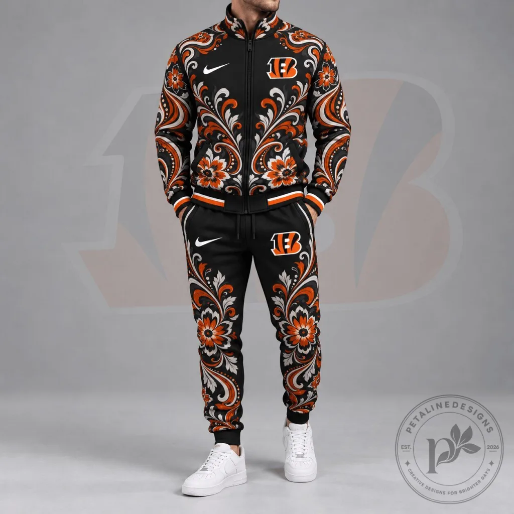 Cincinnati Bengals Floral Paisley Full Zip Tracksuit Jacket and Jogger Pants Set Cincinnati Bengals Floral Paisley Full Zip Tracksuit Jacket and Jogger Pants Set