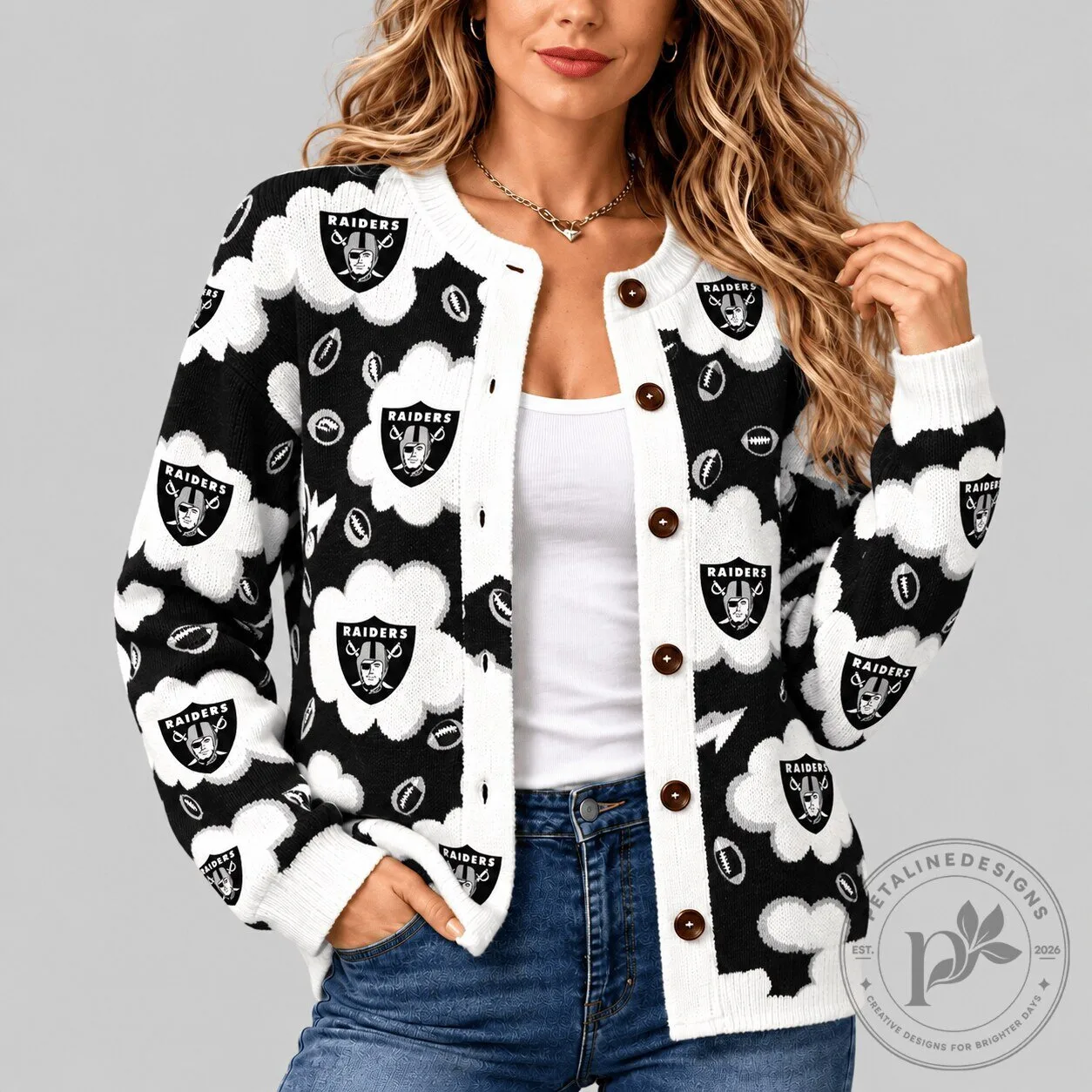 Las Vegas Raiders NFL Football Team Logo Black and White Knit Cardigan
