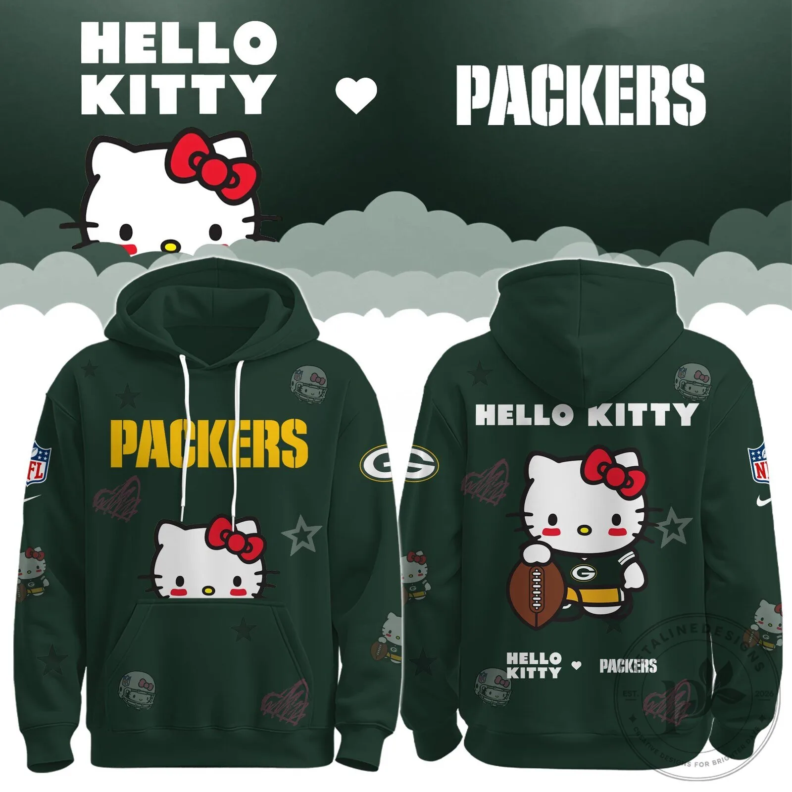 Hello Kitty Green Bay Packers Football Team Fan Art Hoodie