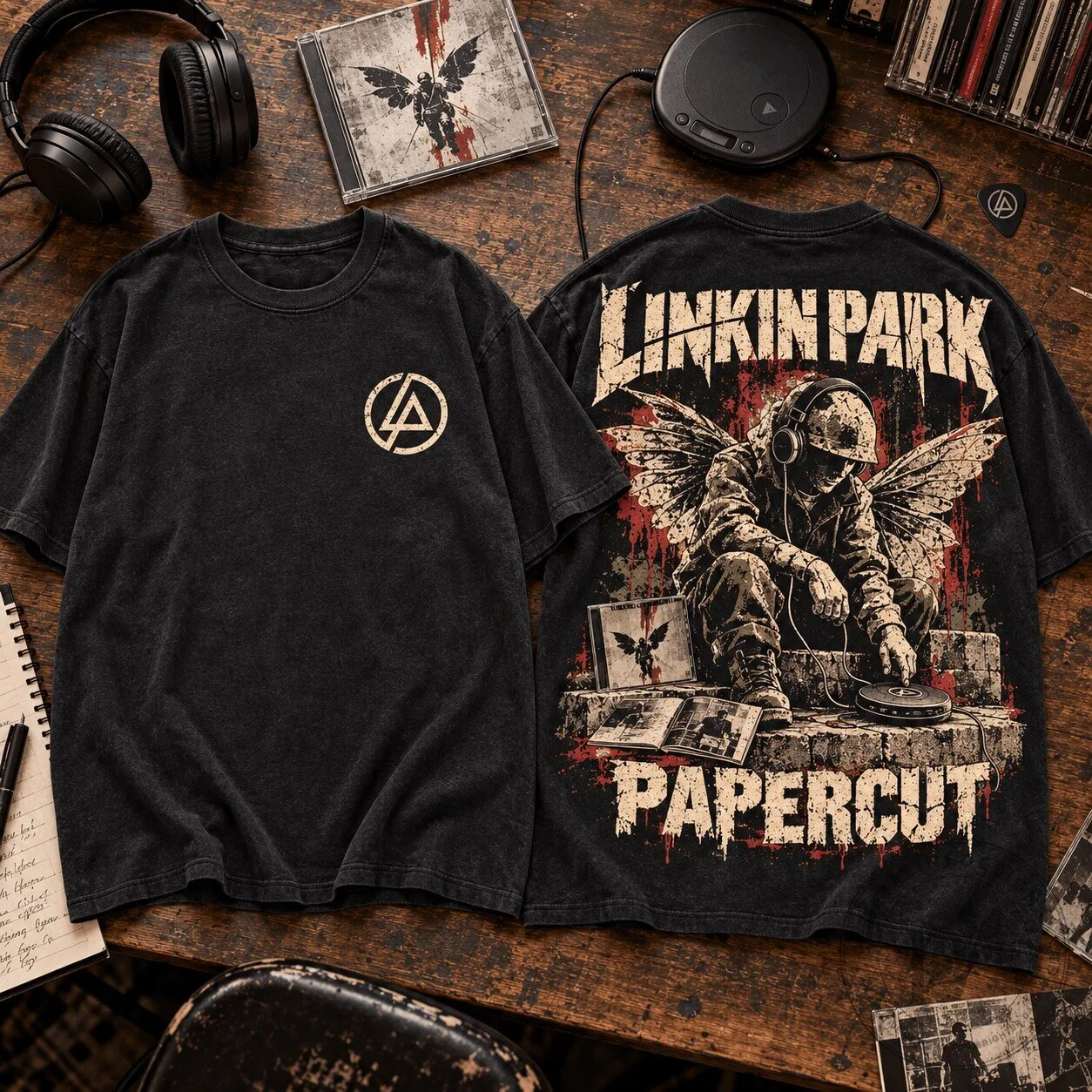 Black T-Shirt featuring Linkin Park's Papercut Winged Soldier Graphic Design 5 Black T-Shirt featuring Linkin Park