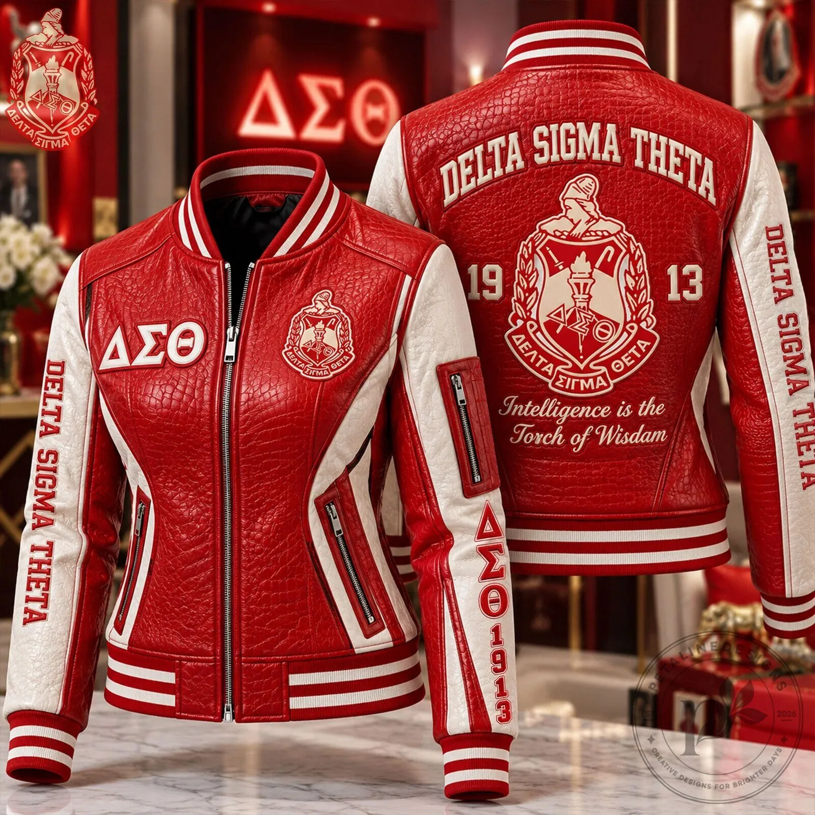 Delta Sigma Theta Intelligence is the Torch of Wisdom Red Leather Jacket