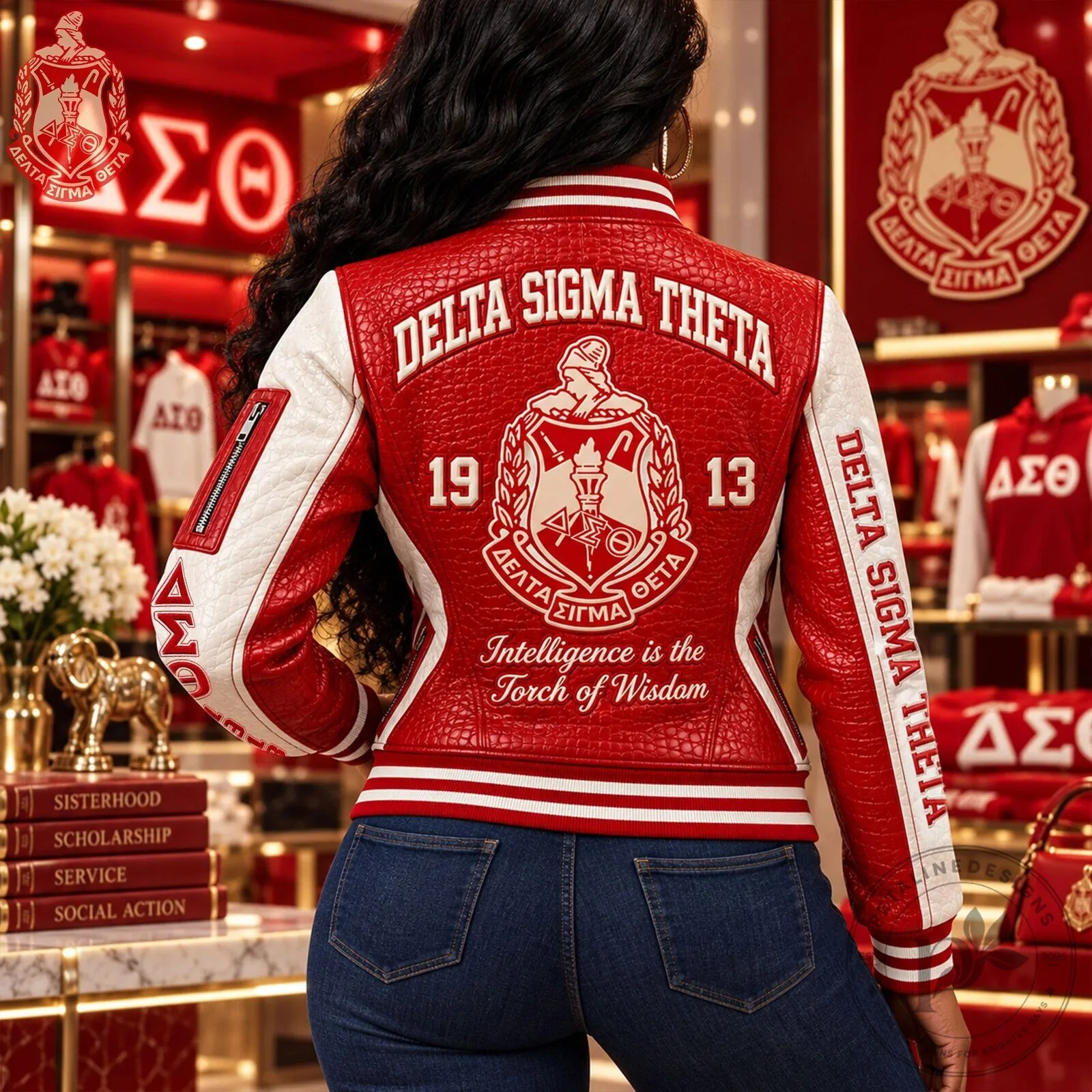 Delta Sigma Theta Intelligence is the Torch of Wisdom Red Leather Jacket 10 Delta Sigma Theta Intelligence is the Torch of Wisdom Red Leather Jacket